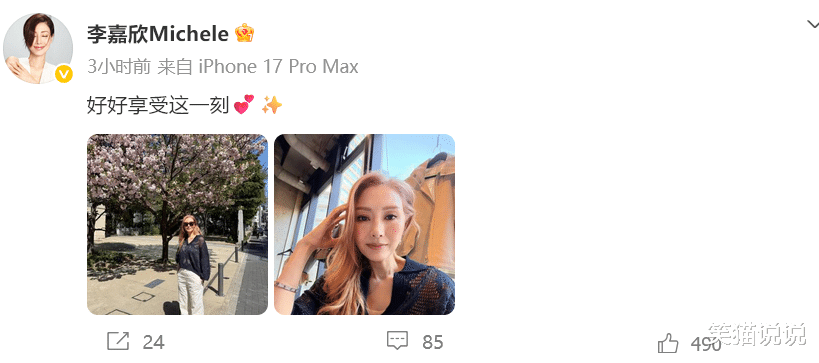 李嘉欣晒最新照片：换新发色好漂亮，微笑拍照好惬意