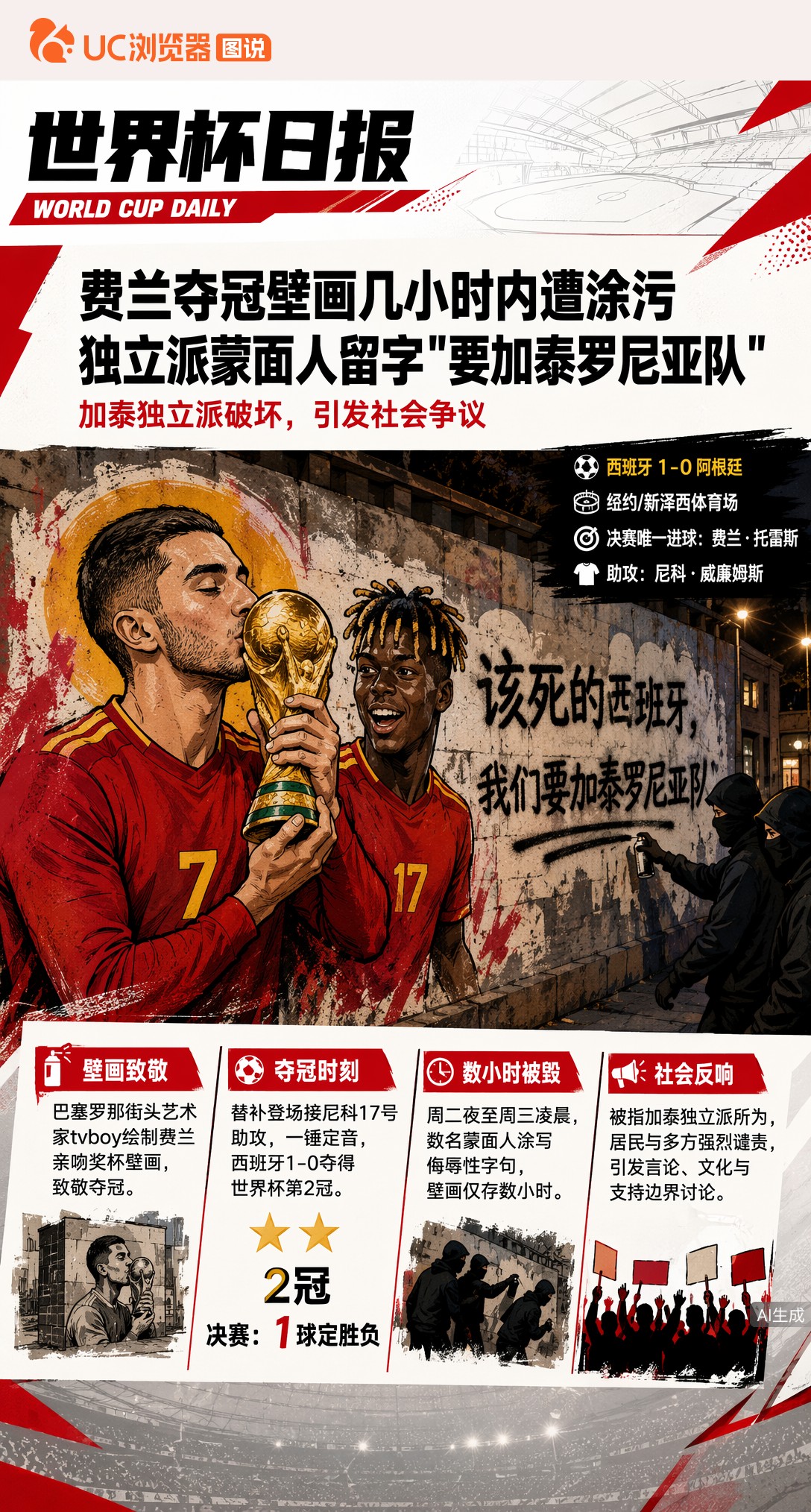 费兰夺冠壁画几小时内遭涂污，独立派蒙面人留字"要加泰罗尼亚队"