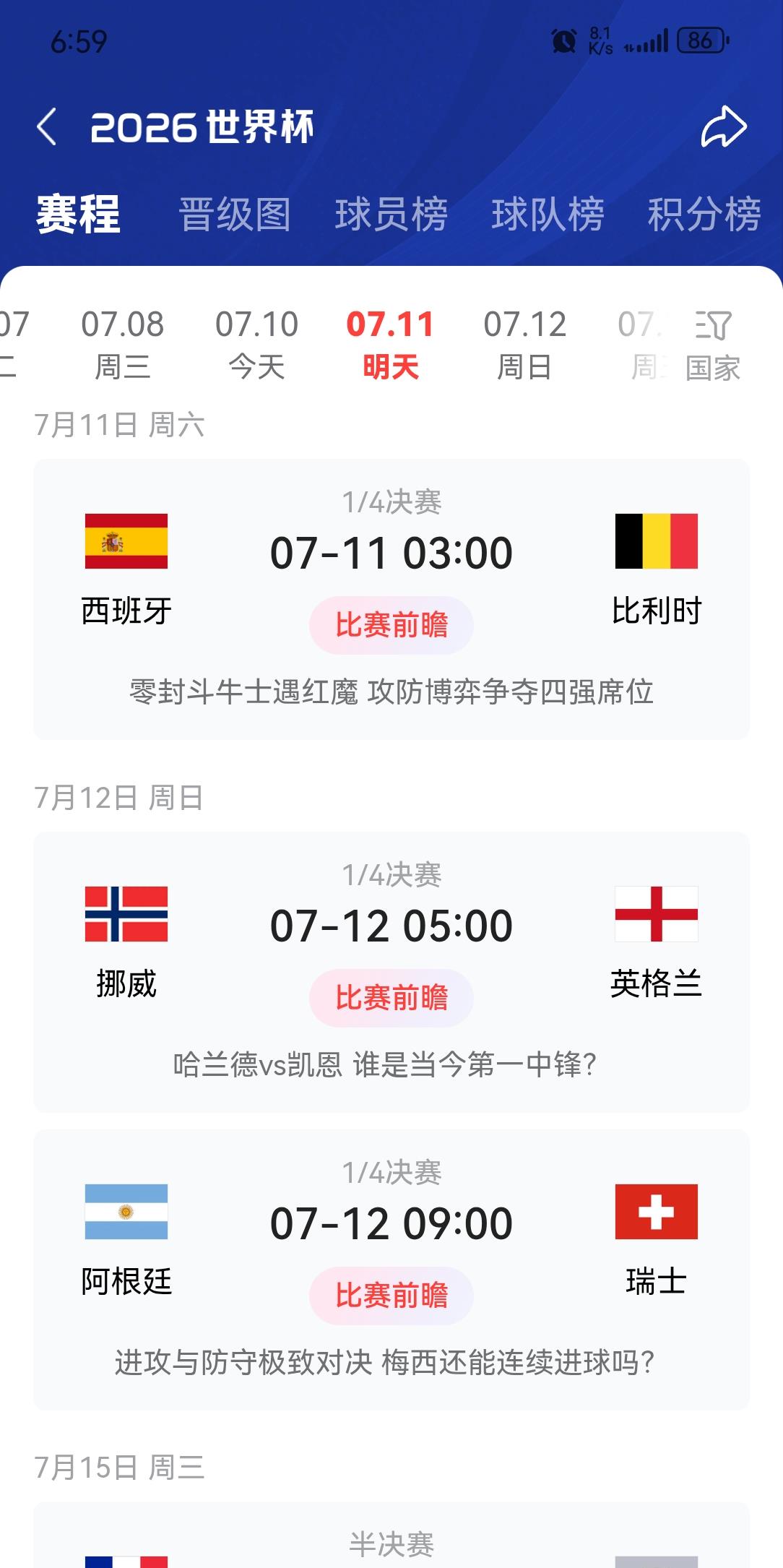 1/4决赛第二场 7月11日
由西班牙🇪🇸对战比利时🇧🇪，两支传统强队，