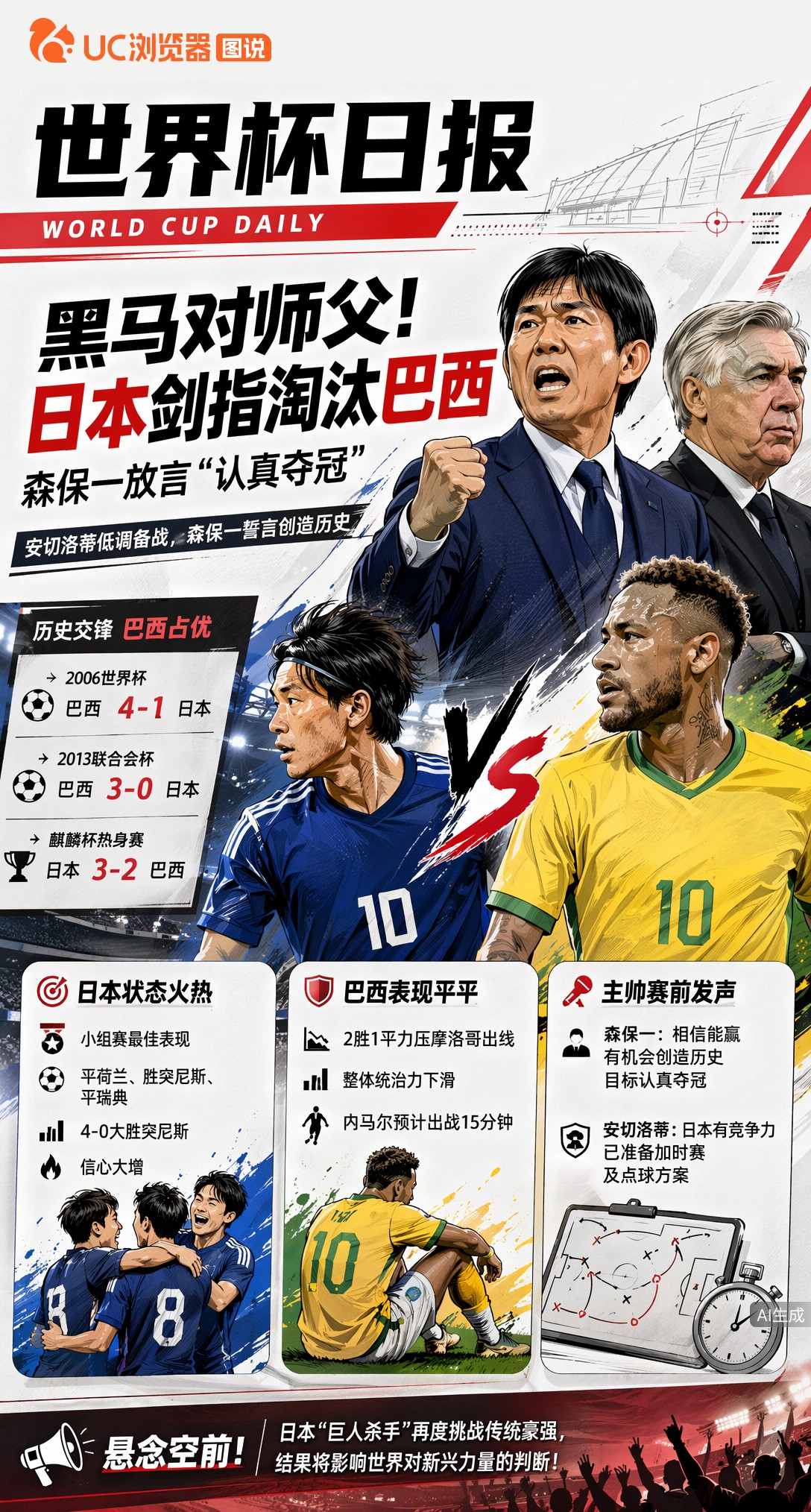 黑马对师父！日本剑指淘汰巴西，森保一放言"认真夺冠