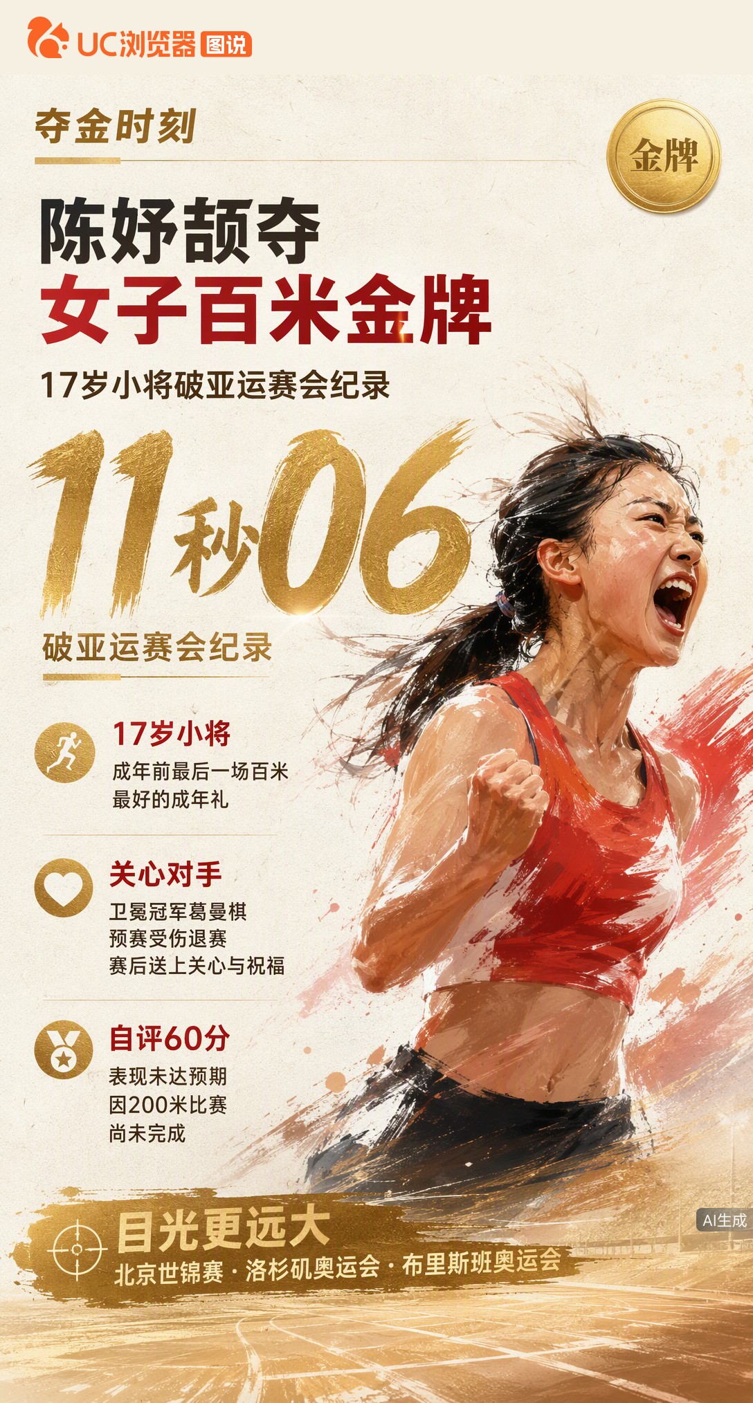 17岁陈妤颉11秒06破亚运纪录夺女子百米金牌！成年前最后一战给自己最好的成年礼，赛后却只打60分。