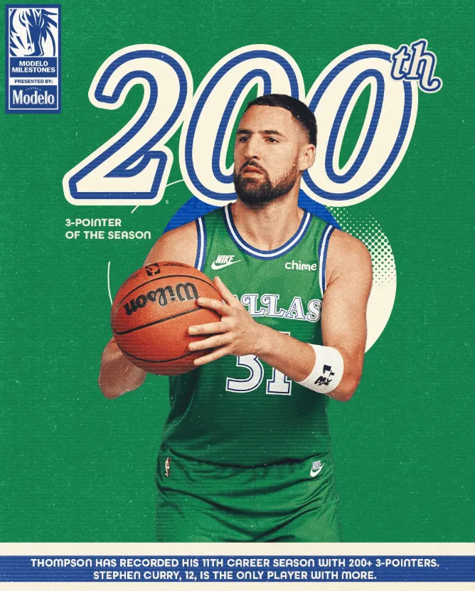 今日，独行侠官方更新社媒，盘点本赛季球员数据纪录：

“恭喜克莱-汤普森第11个