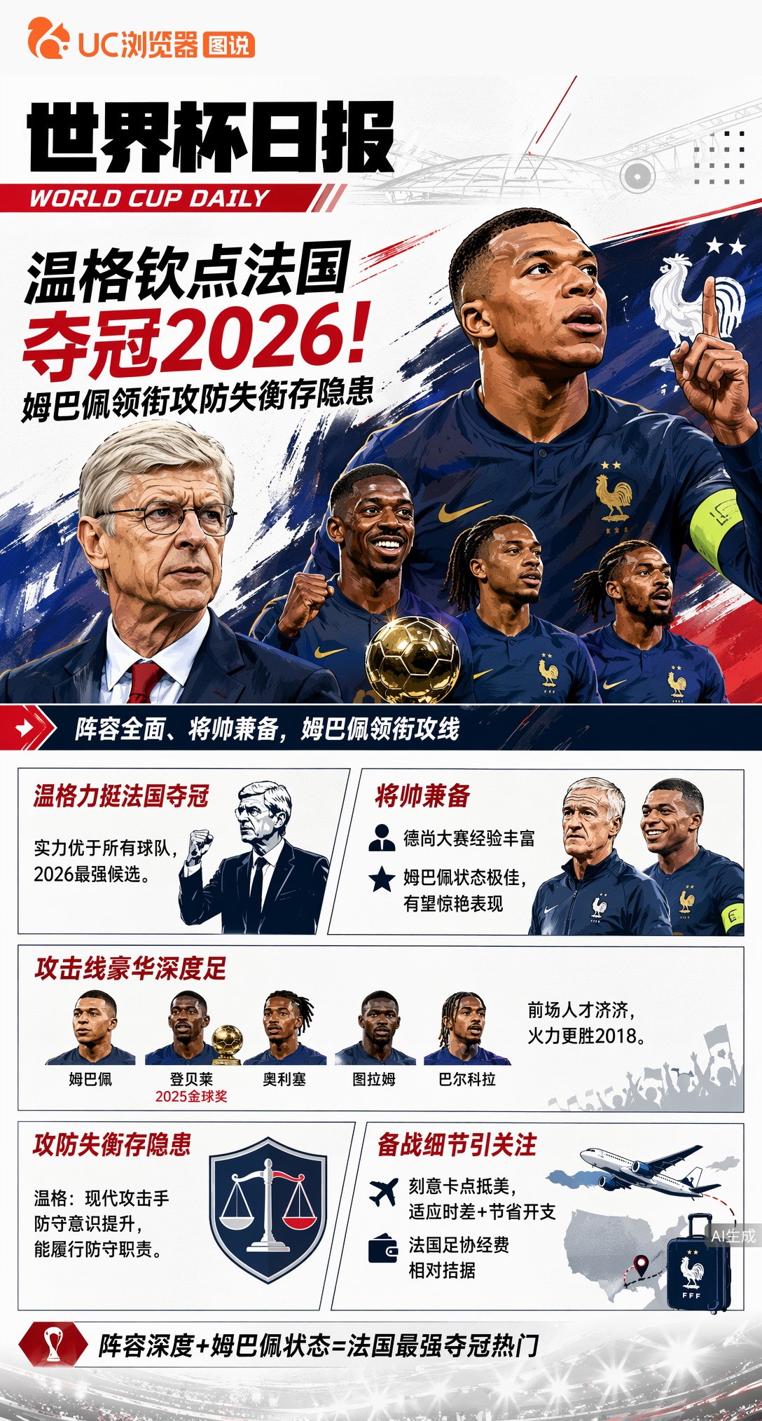 温格钦点法国夺冠2026！姆巴佩领衔攻防失衡存隐患
