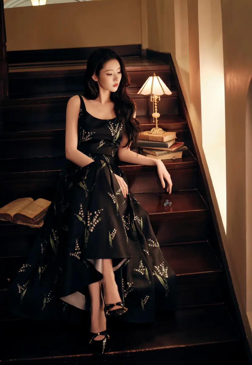 王玉雯长卷发配黑底铃兰裙慵懒优雅 暖色光影下复古文艺