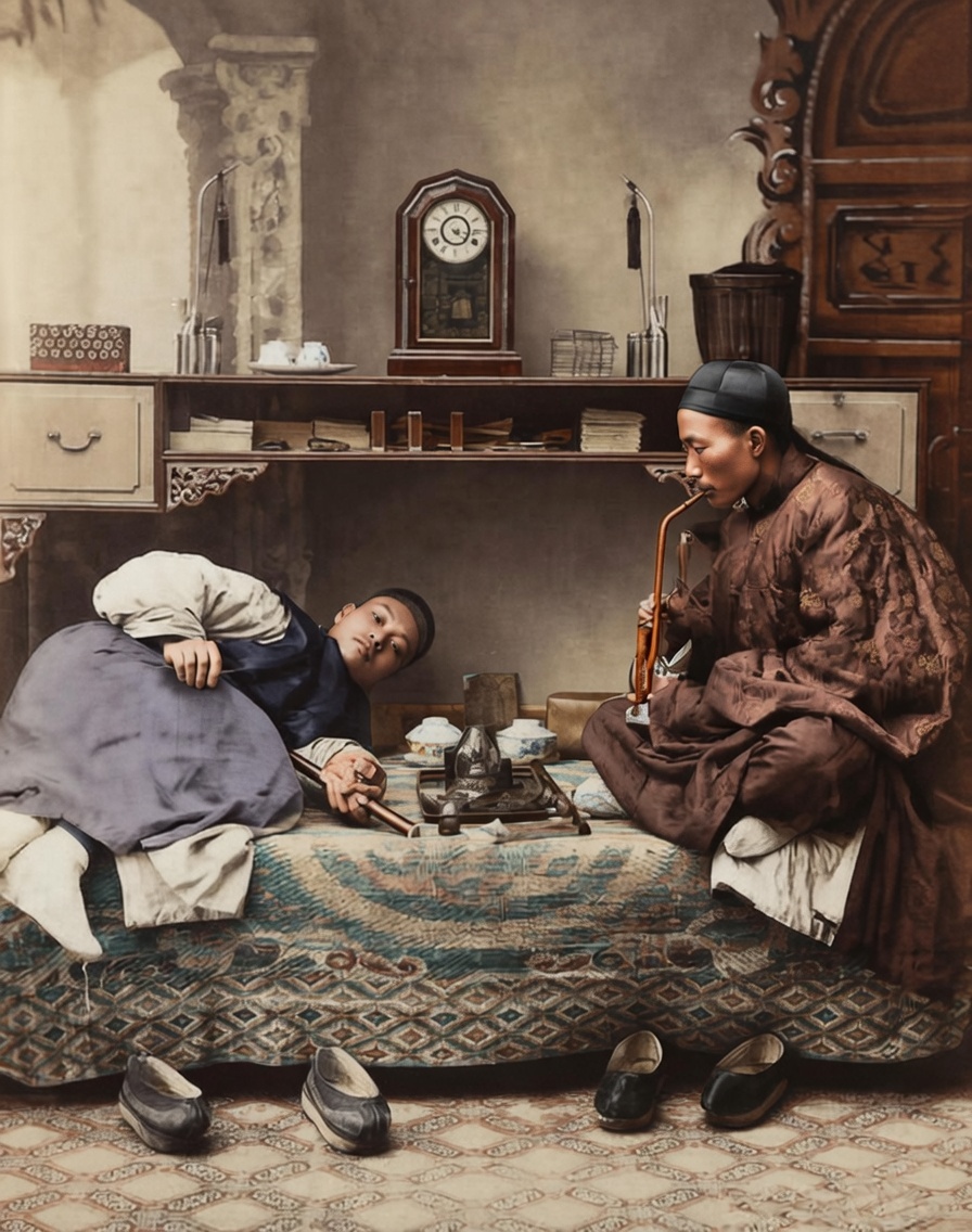 晚清时期，一位男子盘腿而坐，手持长长的烟枪，正吞云吐雾；另一位男子则侧躺在铺着精