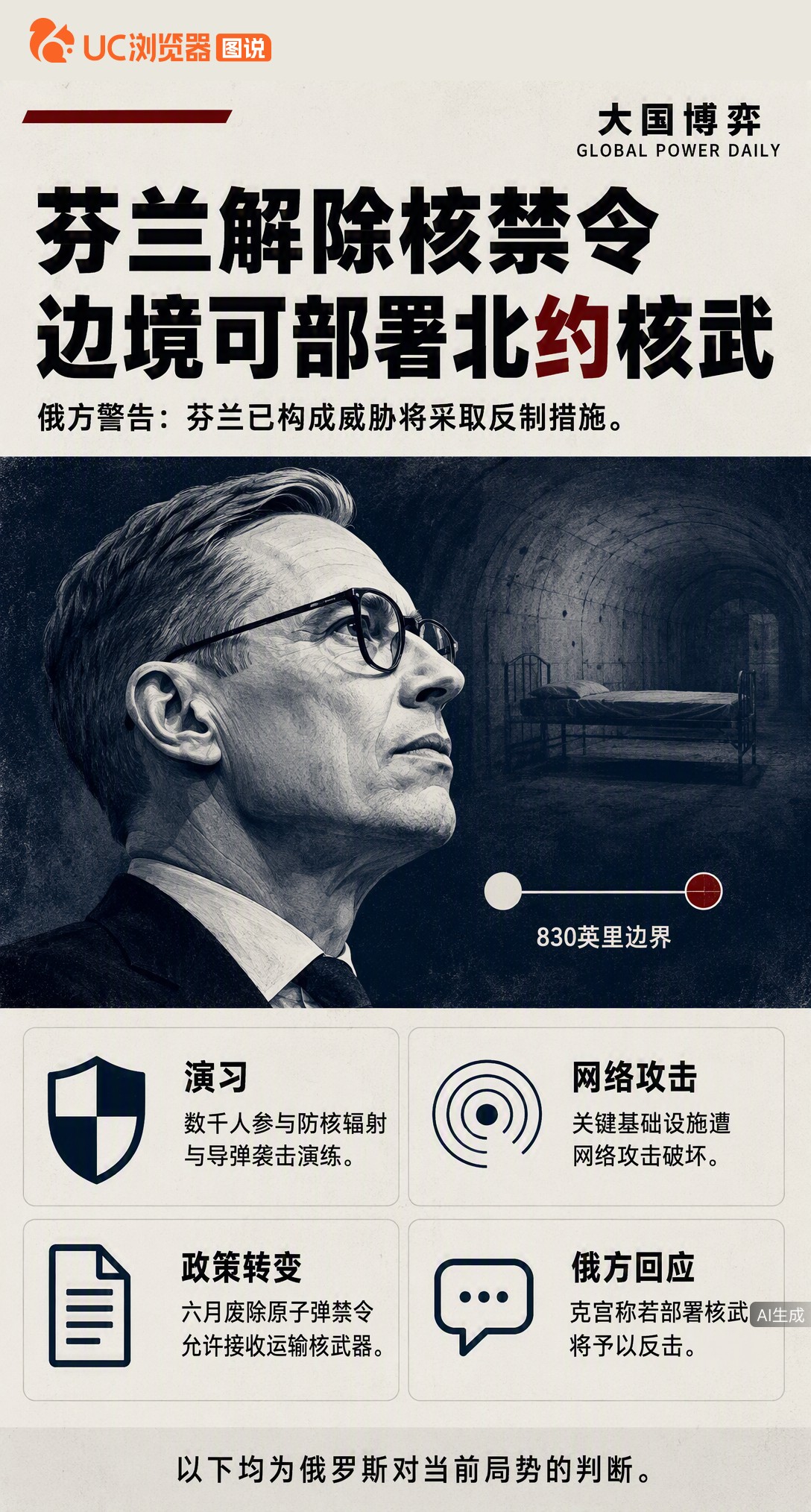 芬兰6月废除核禁令，为北约在其领土部署核武铺路。克里姆林宫随即警告：一旦部署，芬兰将成打击目标。830英里边境线上，博弈筹码已摆上桌面。