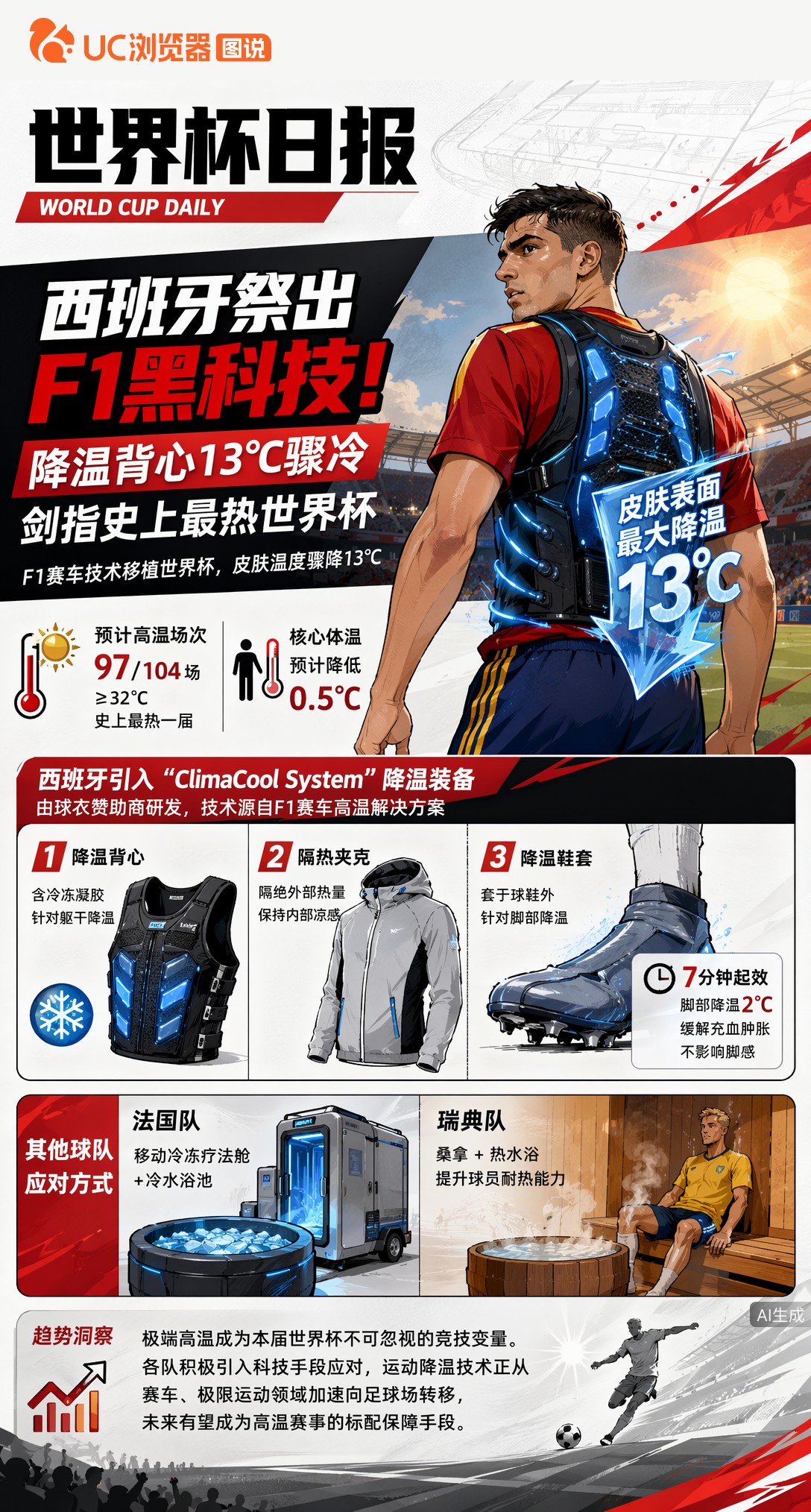 西班牙祭出F1黑科技！降温背心13℃骤冷，剑指史上最热世界杯