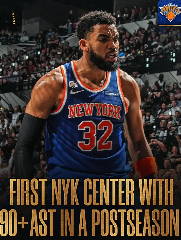 NBA官方晒出一幅数据海报：卡尔-安东尼-唐斯成为尼克斯队史首位在单届季后赛中送