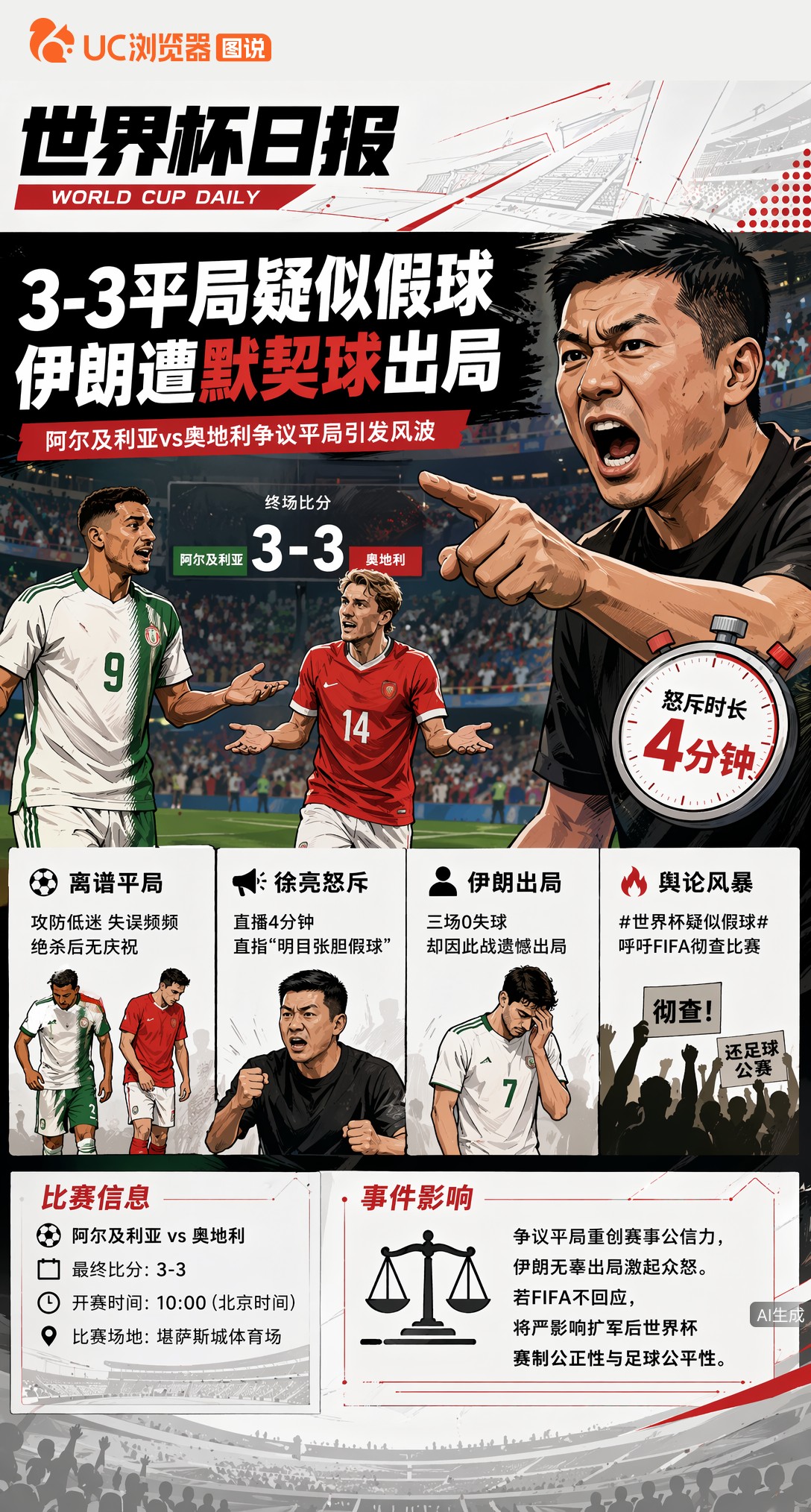 前国脚徐亮怒斥4分钟！世界杯3-3平局疑似假球，伊朗遭默契球出局