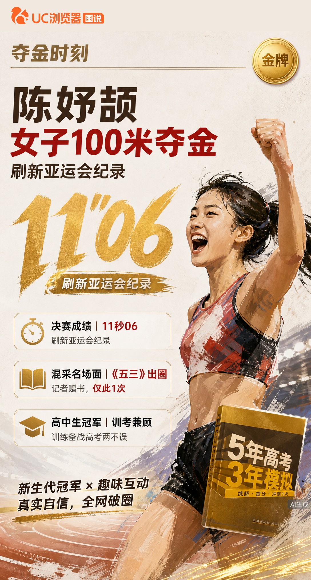 11秒06破亚运纪录夺金！高中生陈妤颉赛后收到《五三》，送书的是记者不是汪顺。赛道刷新纪录，混采区玩梗出圈，这枚金牌透着新生代的鲜活劲儿。