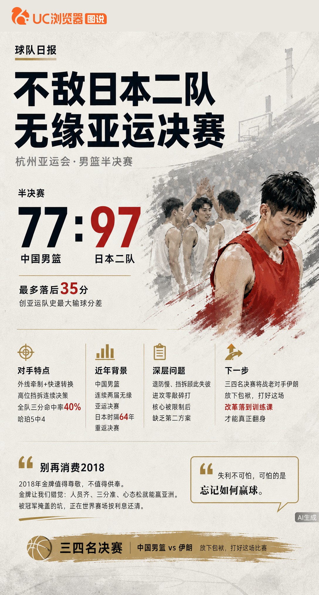 男篮77比97输日本二队创亚运最大分差，别急着喊郭士强下课。这支日本队没主力却体系贯通，而我们的2018金牌更像欠条，掩盖了八年未补的坑。三四名决赛再战伊朗，先放下包袱再说。