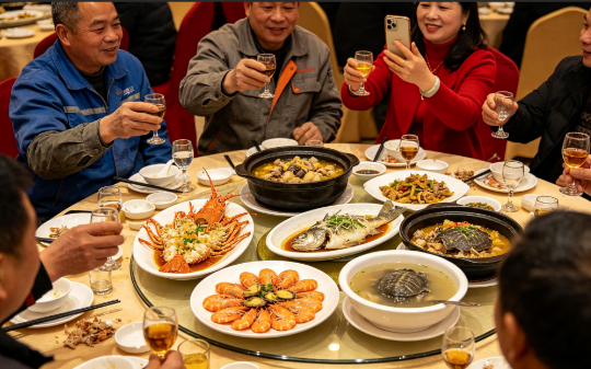 听见女同乡私自替我做主：大家使劲点，吃不完打包回去喂狗都行，魏师傅不差这点！」