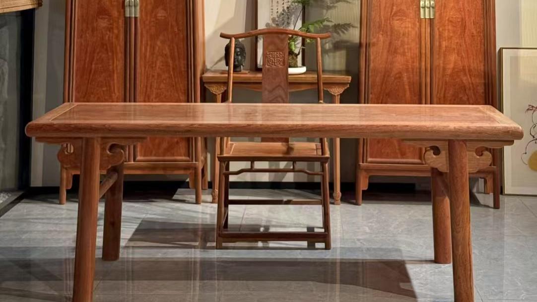 家青制器，缅甸花梨水波纹大独板，画案