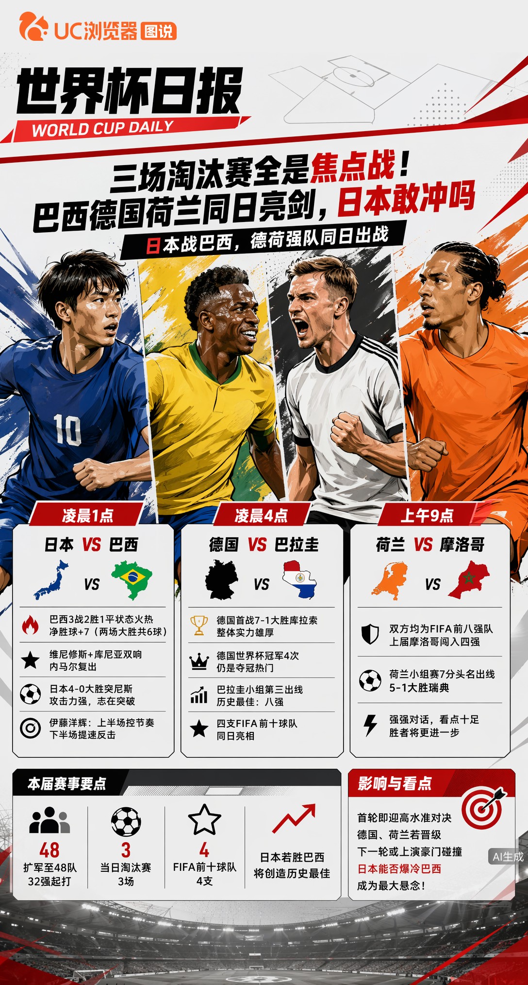 三场淘汰赛全是焦点战！巴西德国荷兰同日亮剑，日本敢冲吗