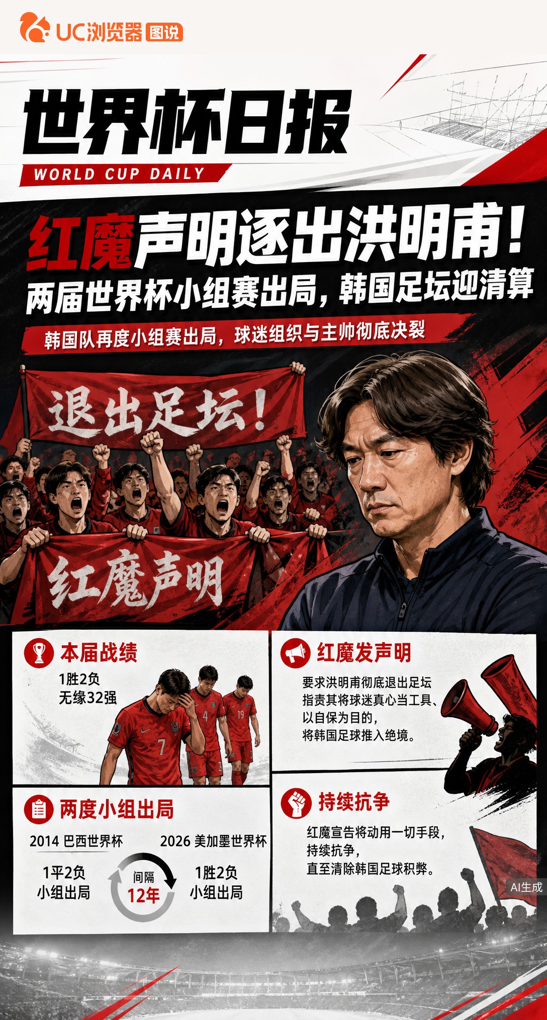 红魔声明逐出洪明甫！两届世界杯小组赛出局，韩国足坛迎清算