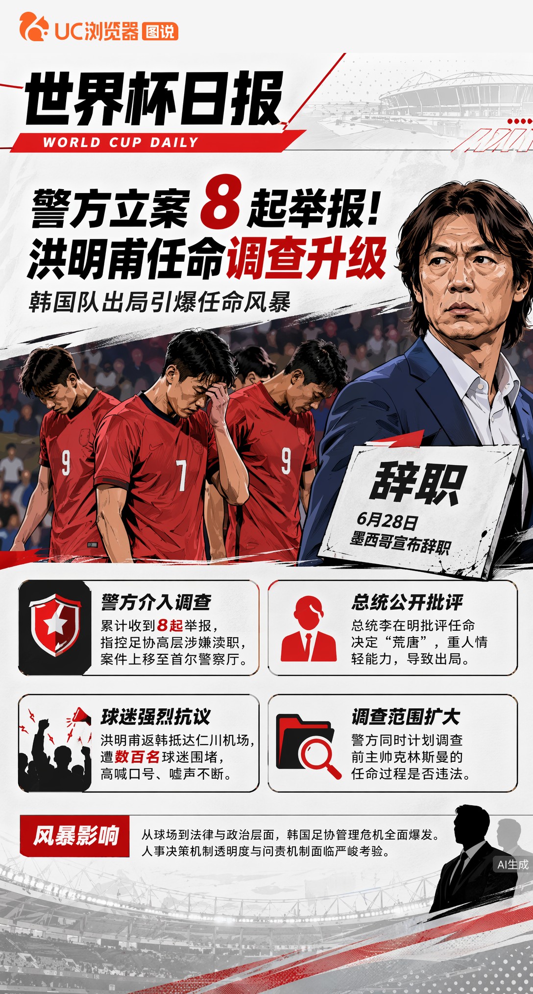 警方立案8起举报！韩国足协任命洪明甫涉嫌渎职，世界杯出局后风暴升级