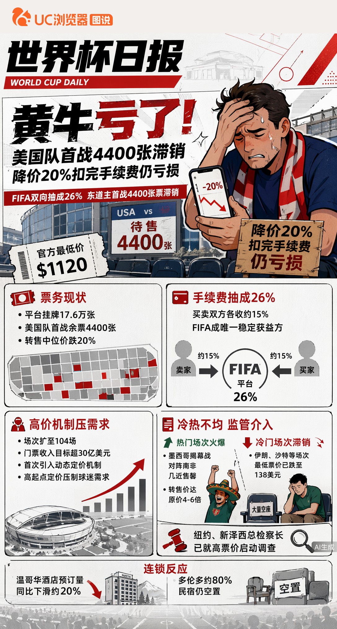 黄牛亏了！美国队首战4400张滞销，降价20%扣完手续费仍亏损