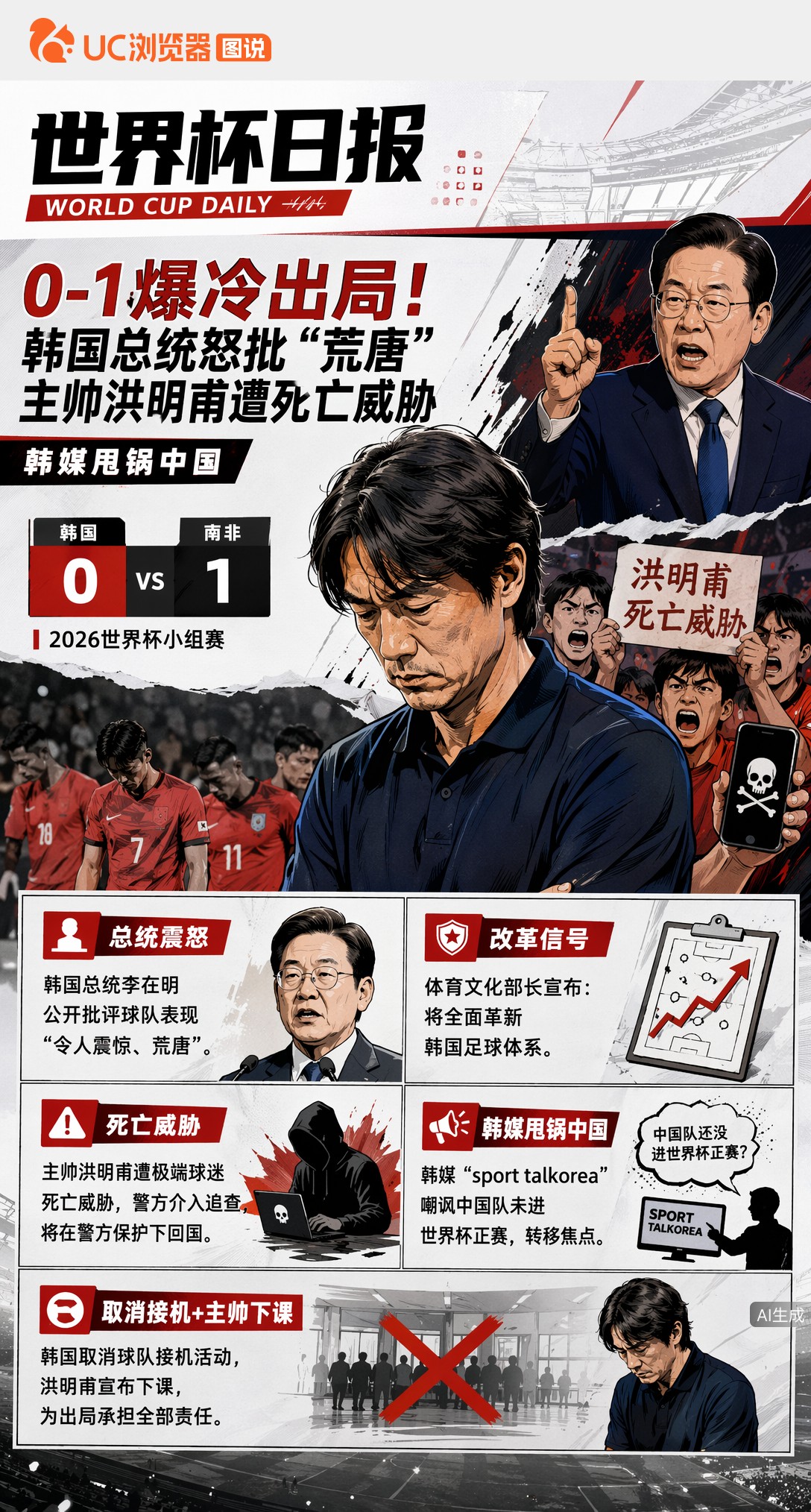 0-1爆冷出局！韩国总统怒批"荒唐"，主帅洪明甫遭死亡威胁