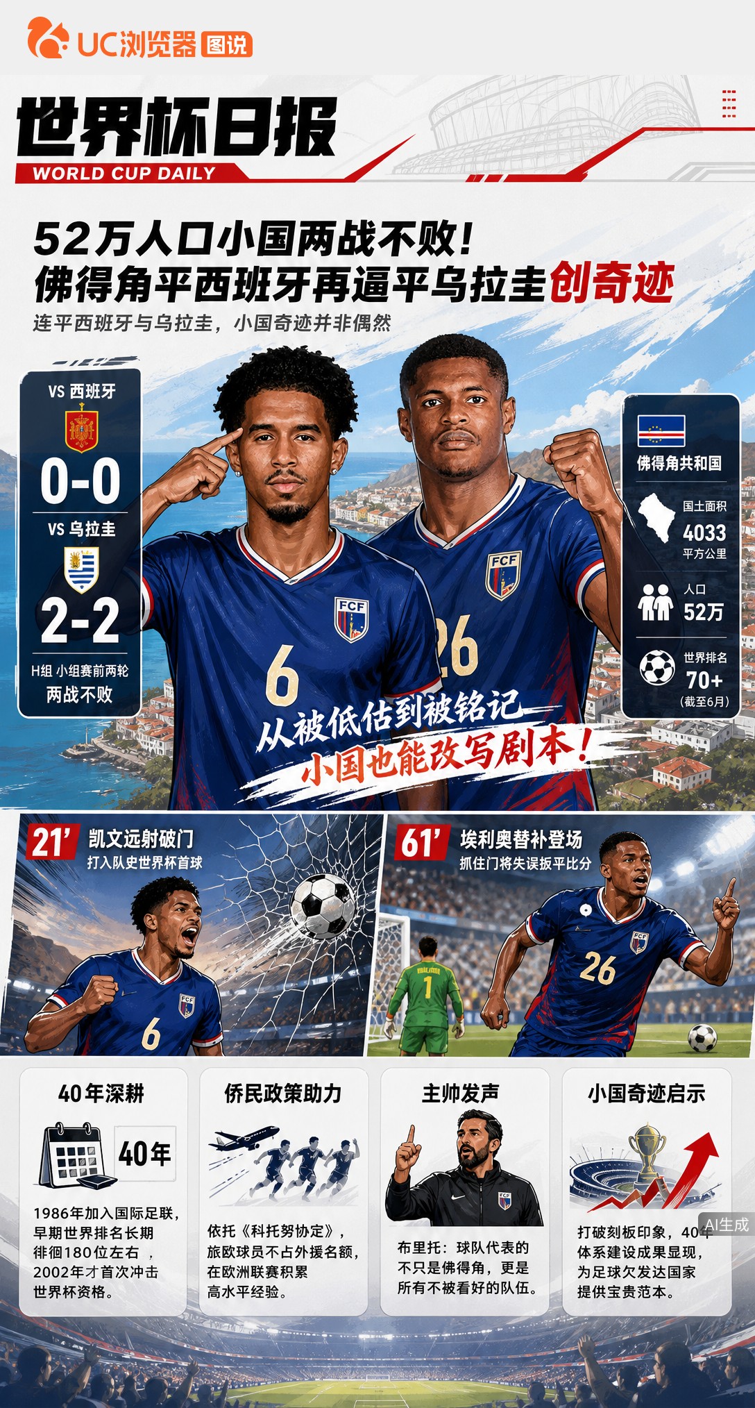 52万人口小国两战不败！佛得角平西班牙再逼平乌拉圭创奇迹