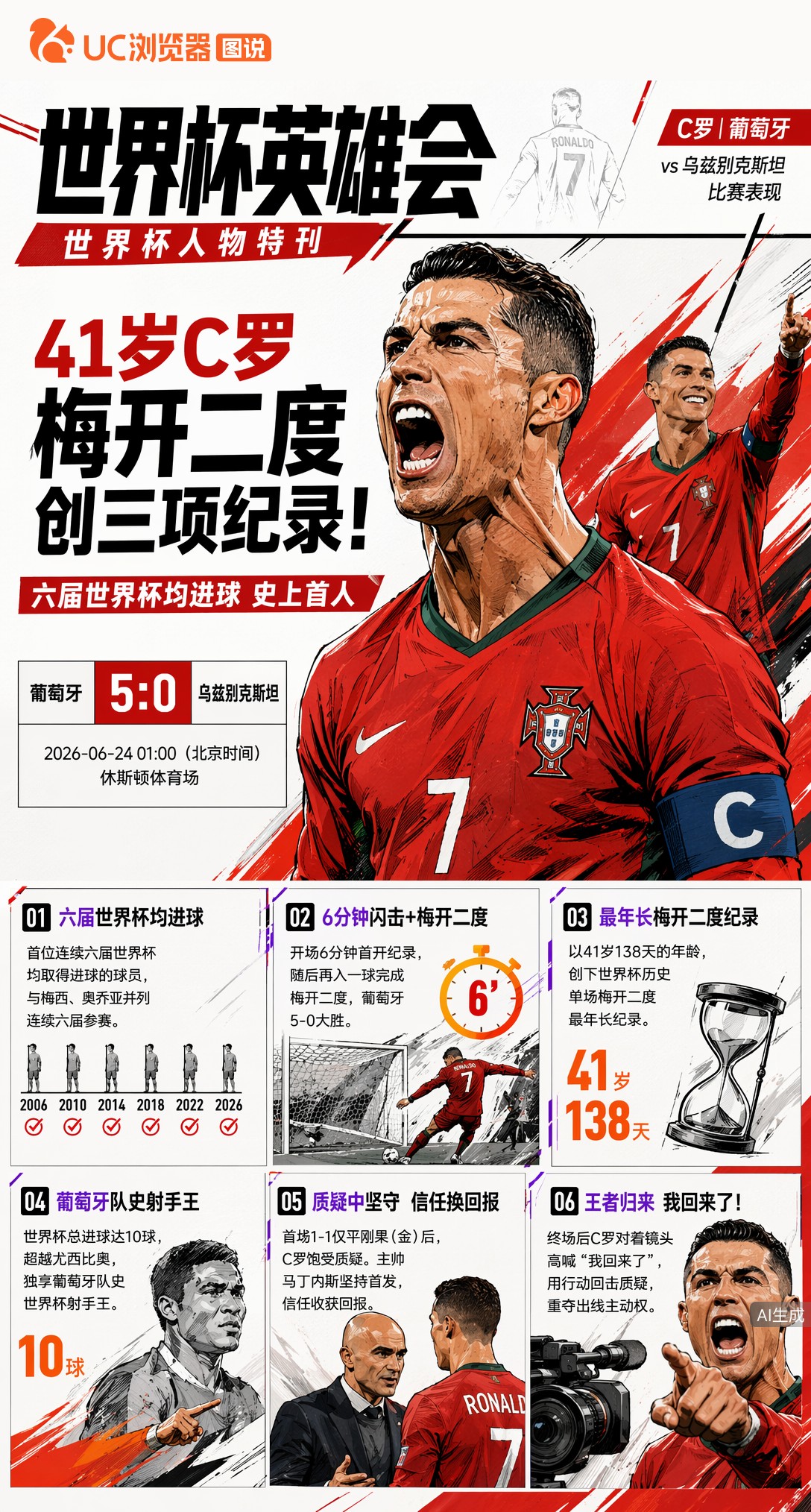 41岁C罗梅开二度创三项纪录！六届世界杯均进球史上首人