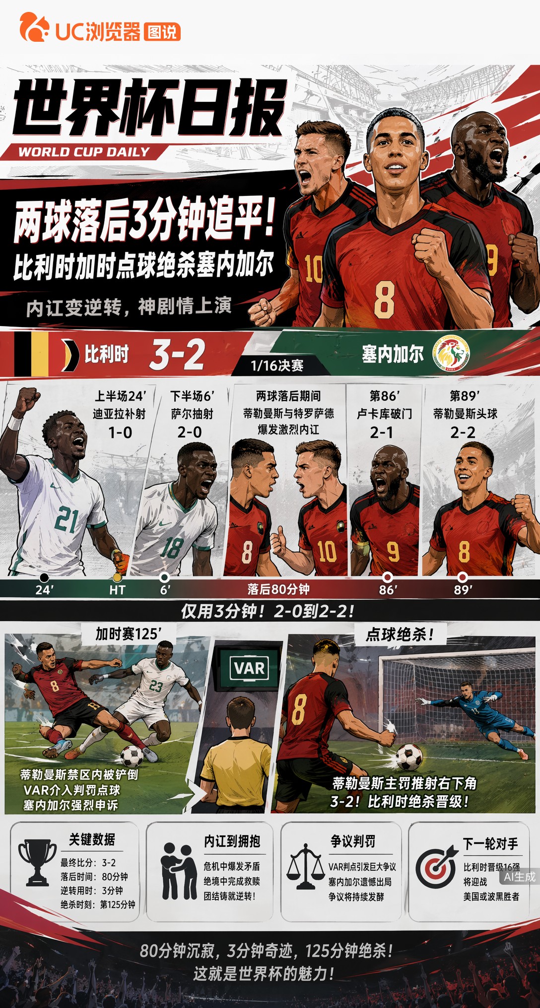 两球落后三分钟追平！比利时加时点球绝杀塞内加尔，内讧变逆转