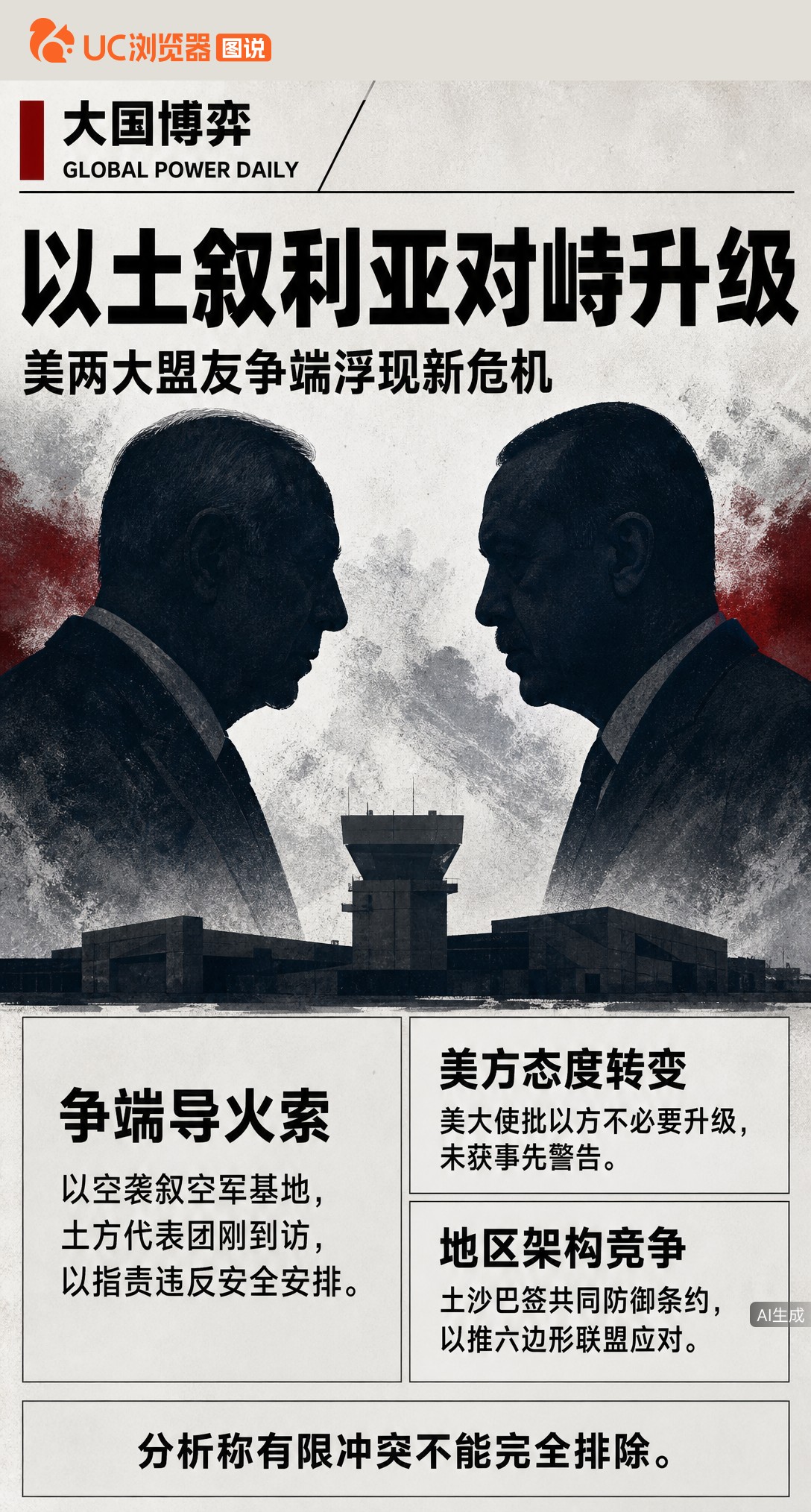 特朗普中东新危机不在伊朗，而在盟友间。以色列空袭叙空军基地，土耳其刚访完就翻脸互骂。分析称直接冲突非预期但不能排除，美国大使已批以方“不必要升级”。