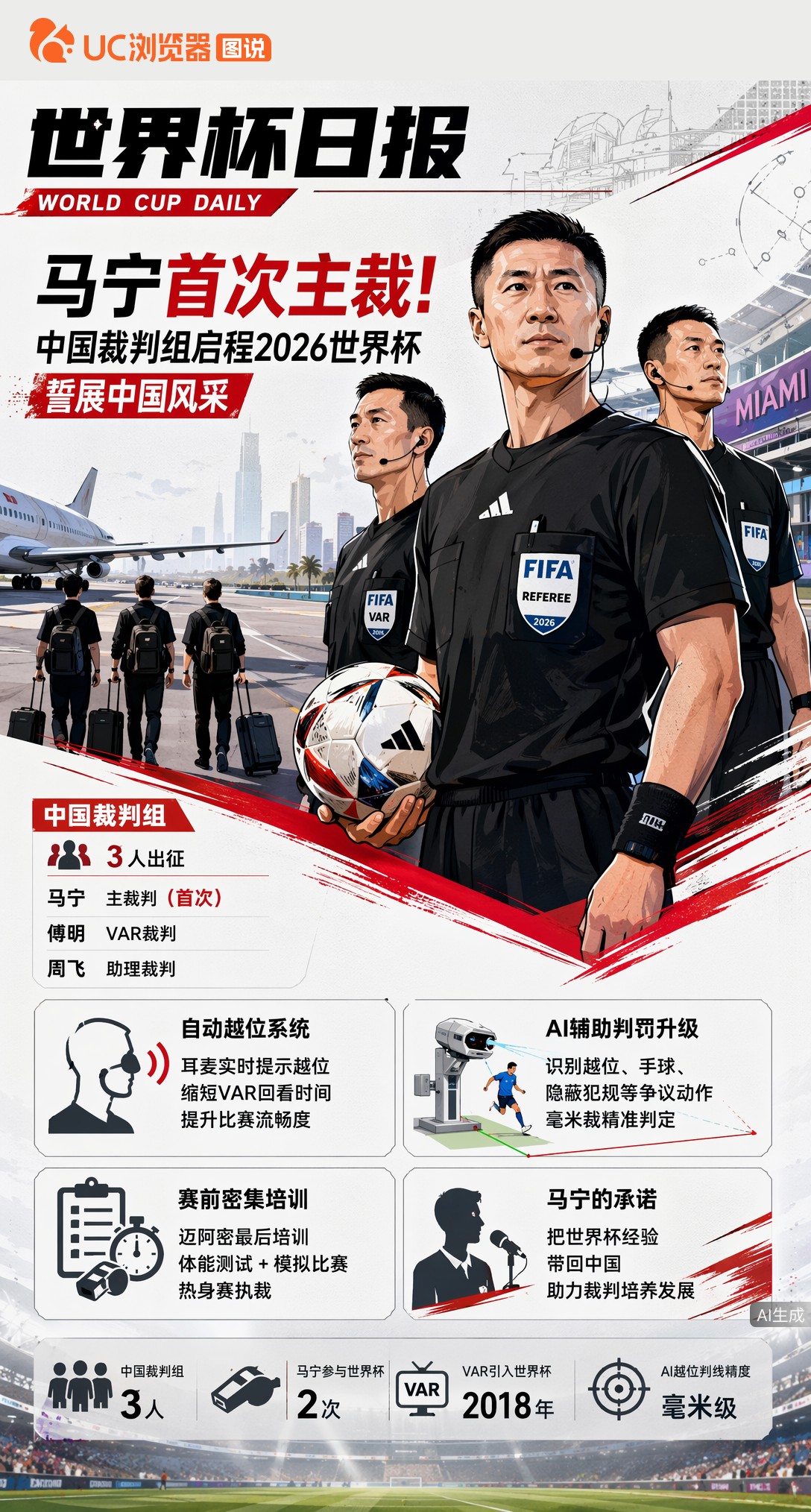 马宁首次担纲主裁！中国裁判组启程2026世界杯，誓展中国风采