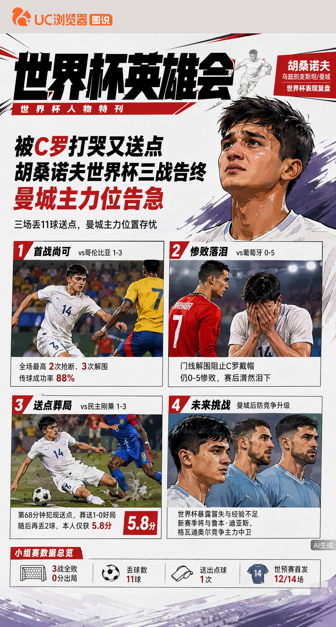 被C罗打哭又送点，胡桑诺夫世界杯三战告终曼城主力位告急