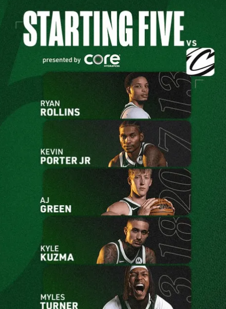 雄鹿更新官方社媒，公布了今日比赛首发阵容。
雄鹿首发：AJ-格林、特纳、罗林斯、