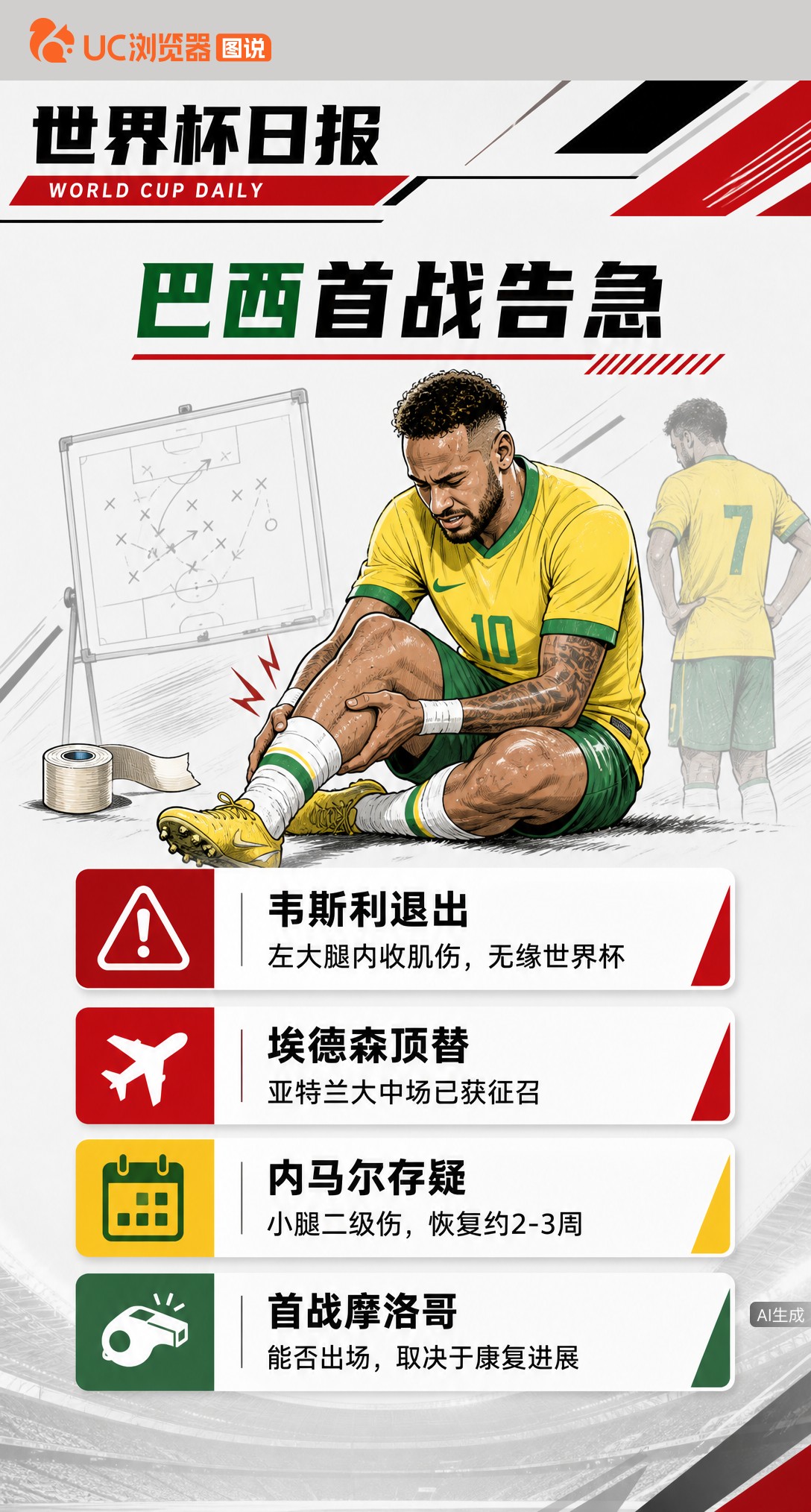 韦斯利因伤退出！内马尔伤情存疑，巴西首战摩洛哥告急