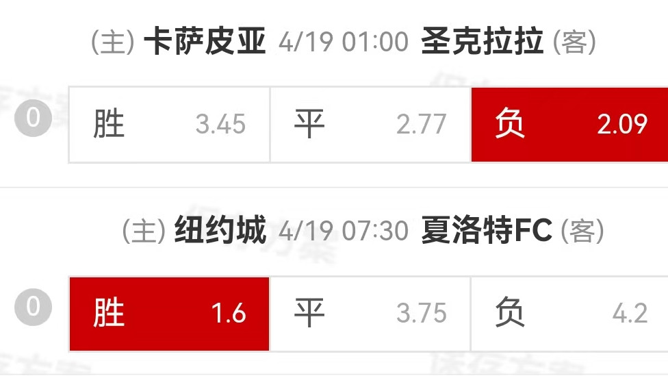 {一脚球}竞彩推荐：卡萨皮亚VS圣克拉拉+纽约城VS夏洛特FC