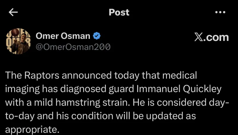 快哥MRI结果

多伦多猛龙队今日宣布，通过医学影像检查，后卫伊曼纽尔·奎克利被