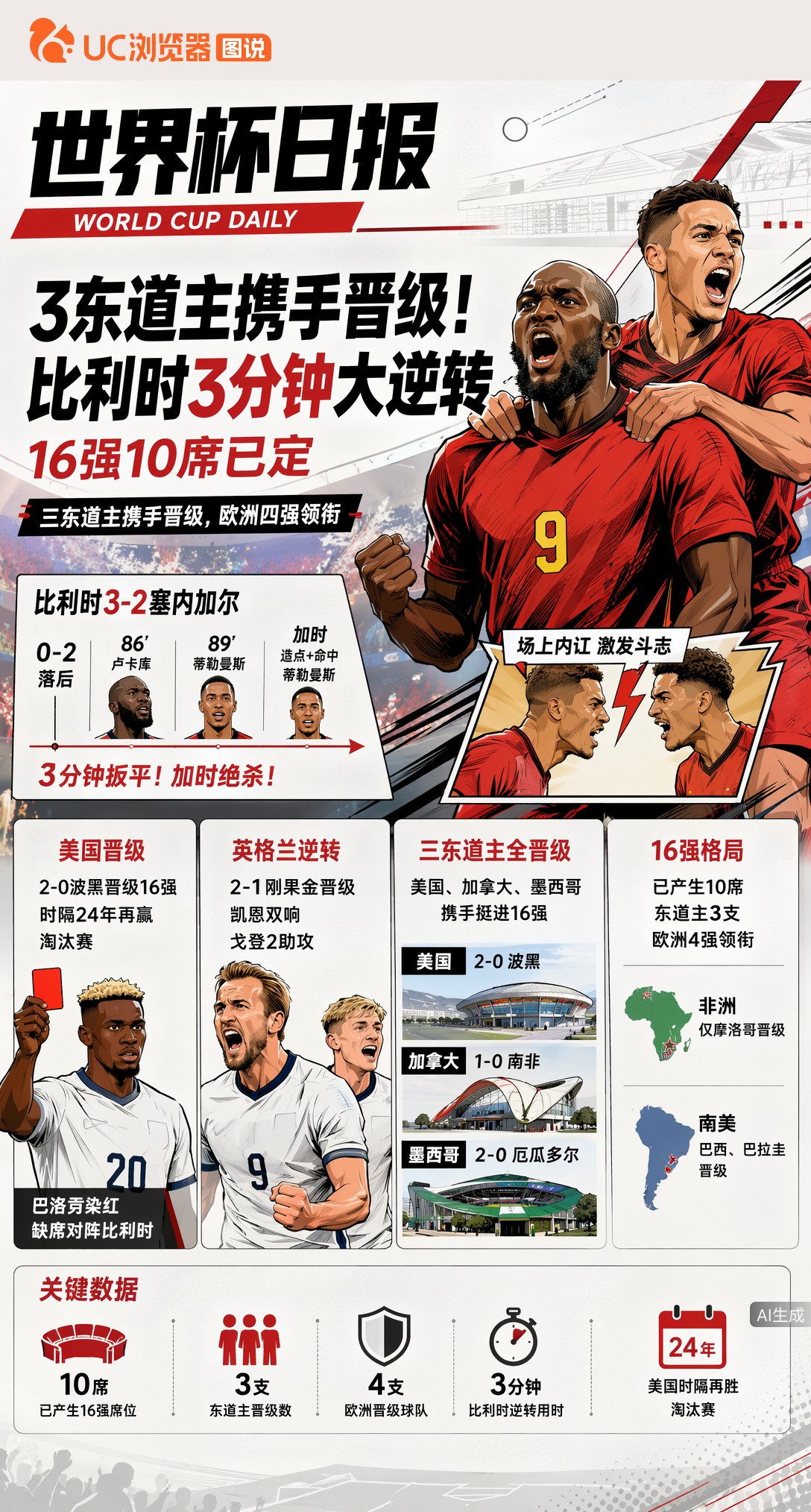 3东道主携手晋级！比利时3分钟大逆转，16强10席已定