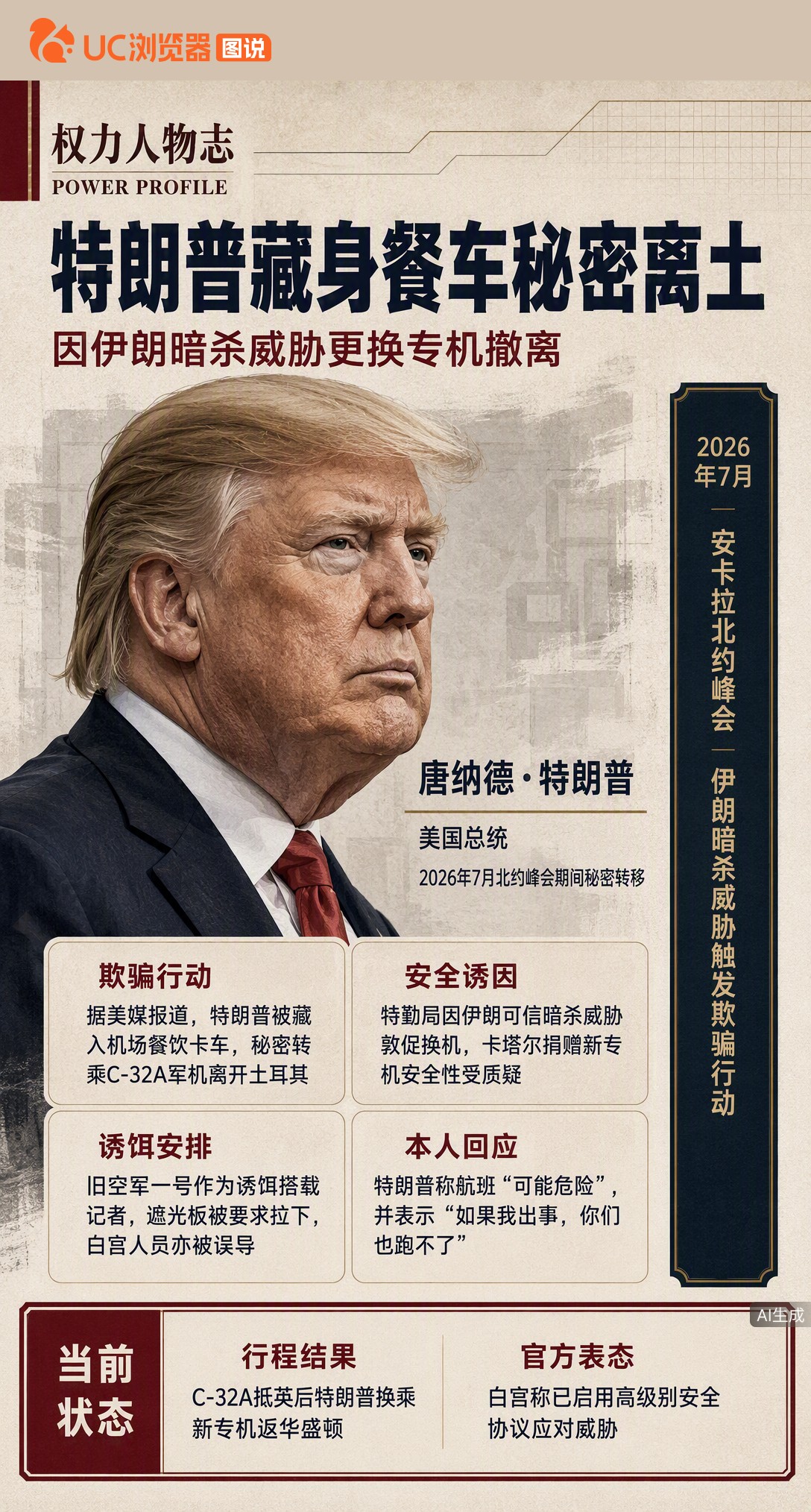 美媒曝特朗普离开土耳其时藏身餐车秘密登机，只因伊朗暗杀威胁。旧专机当诱饵骗过记者，连随行人员都被蒙在鼓里，这波操作堪比谍战片。