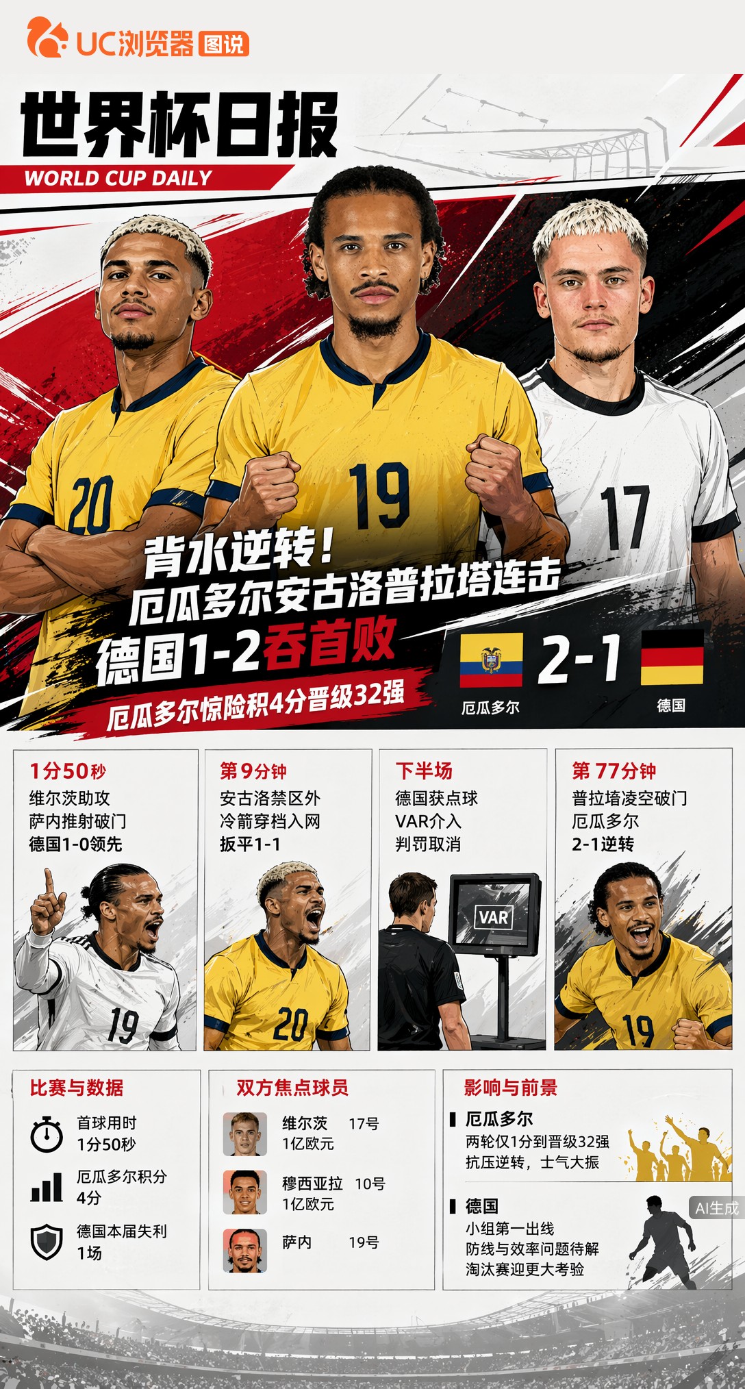 背水逆转！厄瓜多尔安古洛普拉塔连击，德国1-2吞首败