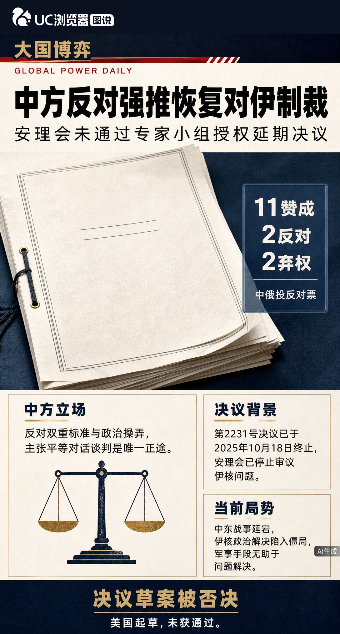 美国起草的恢复对伊制裁决议草案被否：11票赞成仍没过，中俄两票反对直接否决。中方表态反对强推制裁、政治操弄，强调军事施压无助于解决问题，平等对话谈判才是正途。