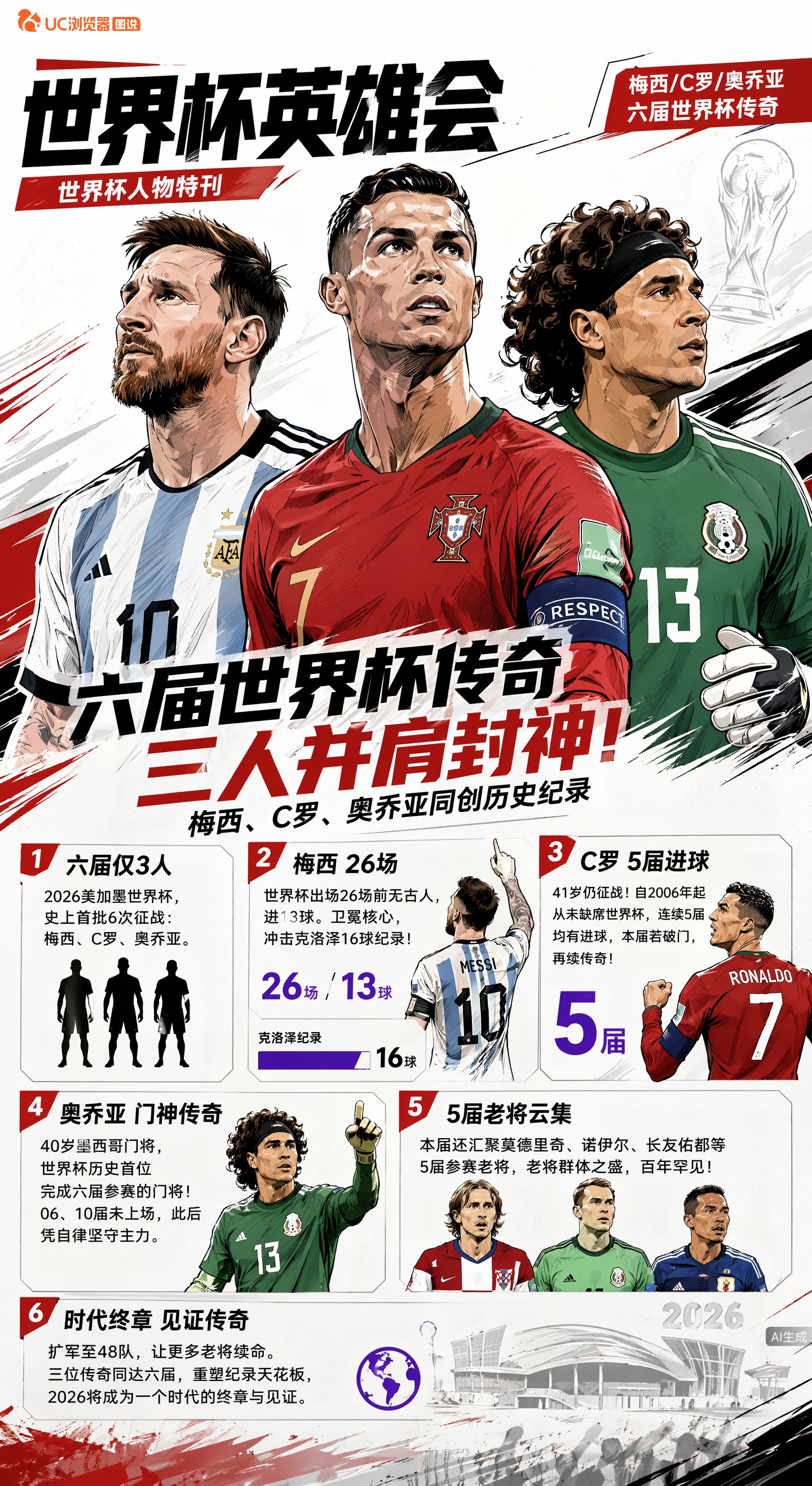 六届世界杯传奇，三人并肩封神！梅西、C罗、奥乔亚同创历史记录