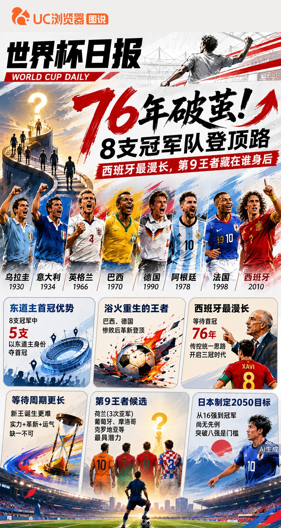 76年破茧！8支冠军队登顶路：西班牙最漫长，第9王者藏在谁身后