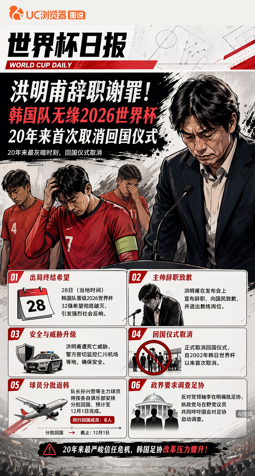 洪明甫辞职谢罪！韩国队无缘2026世界杯，20年来首次取消回国仪式