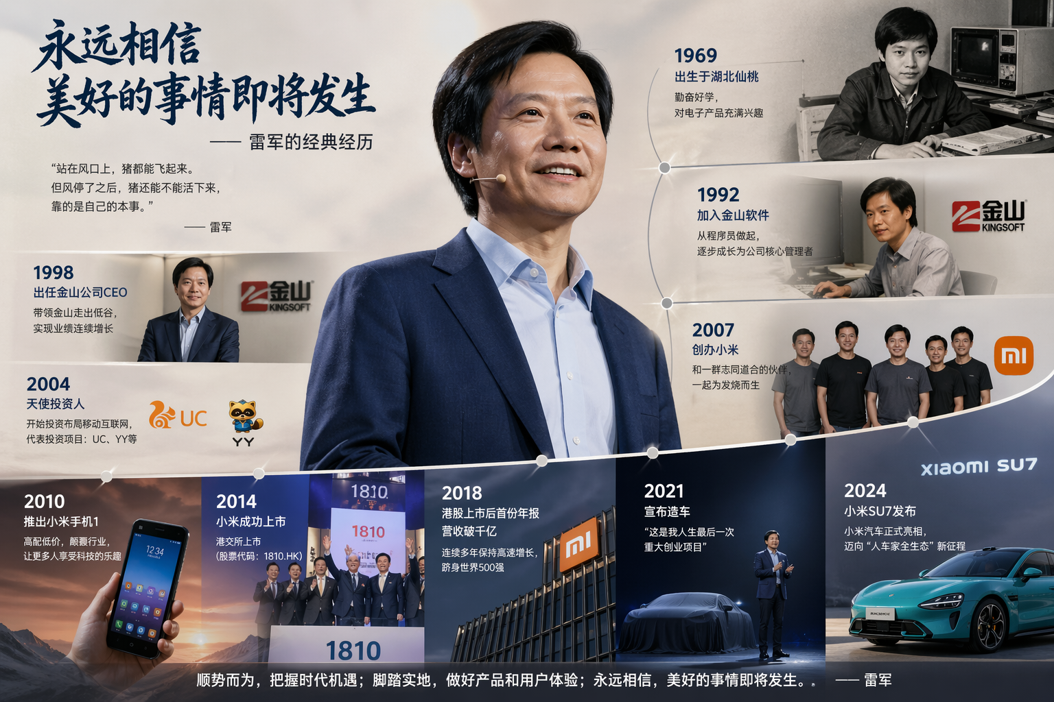 雷军：永远相信美好的事情即将发生。
雷军的经历你了解多少？