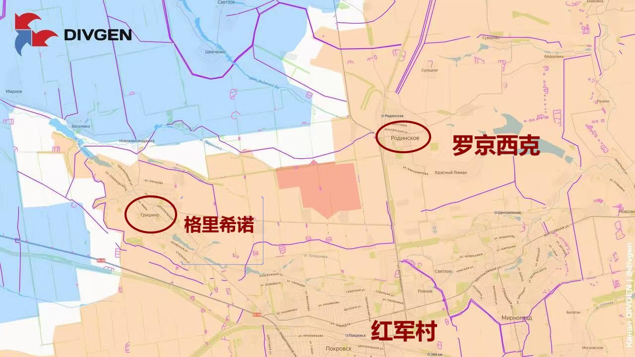 红军村方向，俄军继续朝着格里希诺往西推，逐渐的把罗金西克周边清除，乌军这一撤，反