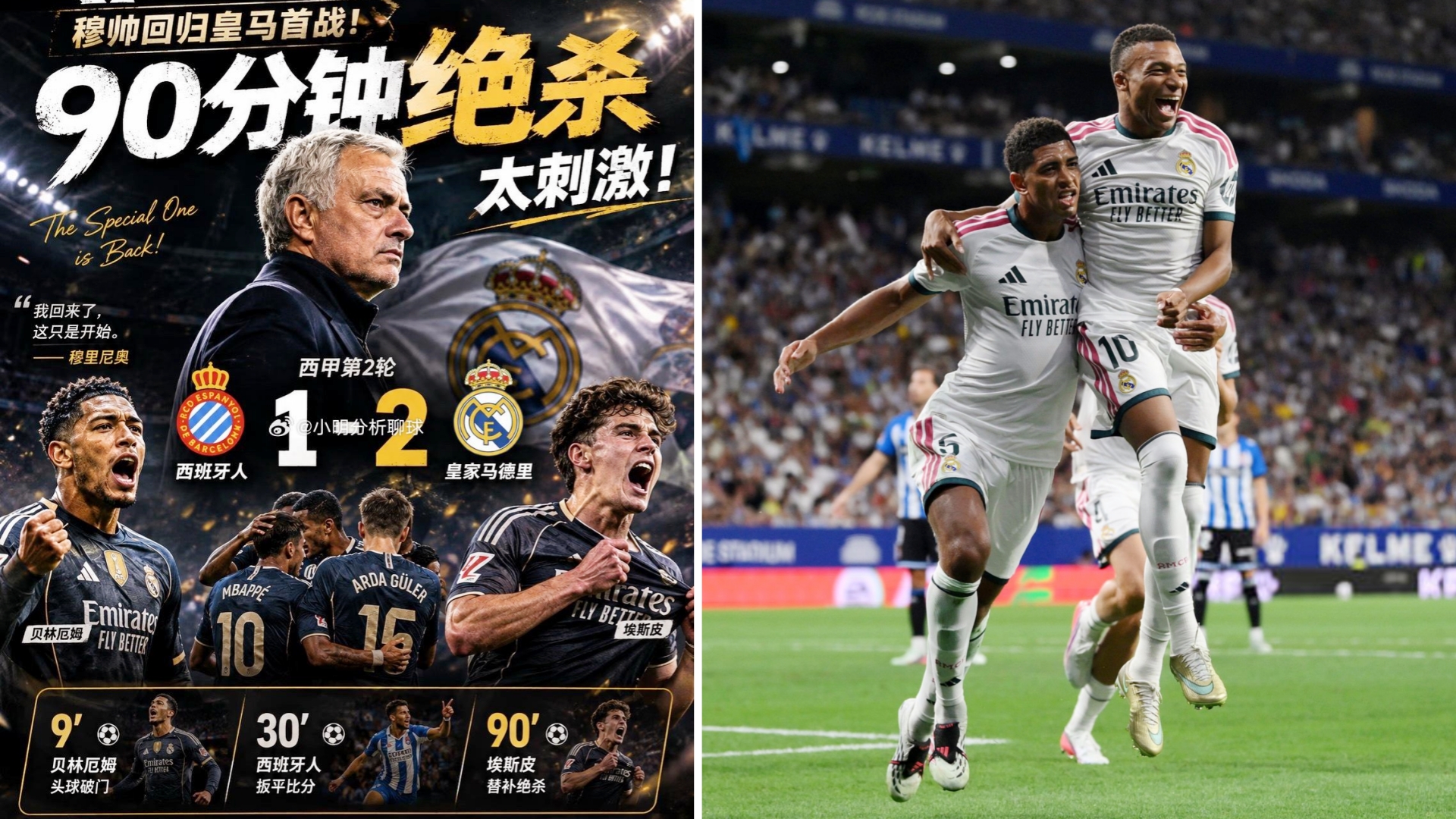 西甲：皇家马德里客场2-1击败西班牙人，穆帅回归西甲首战告捷。
贝林厄姆破门，卡