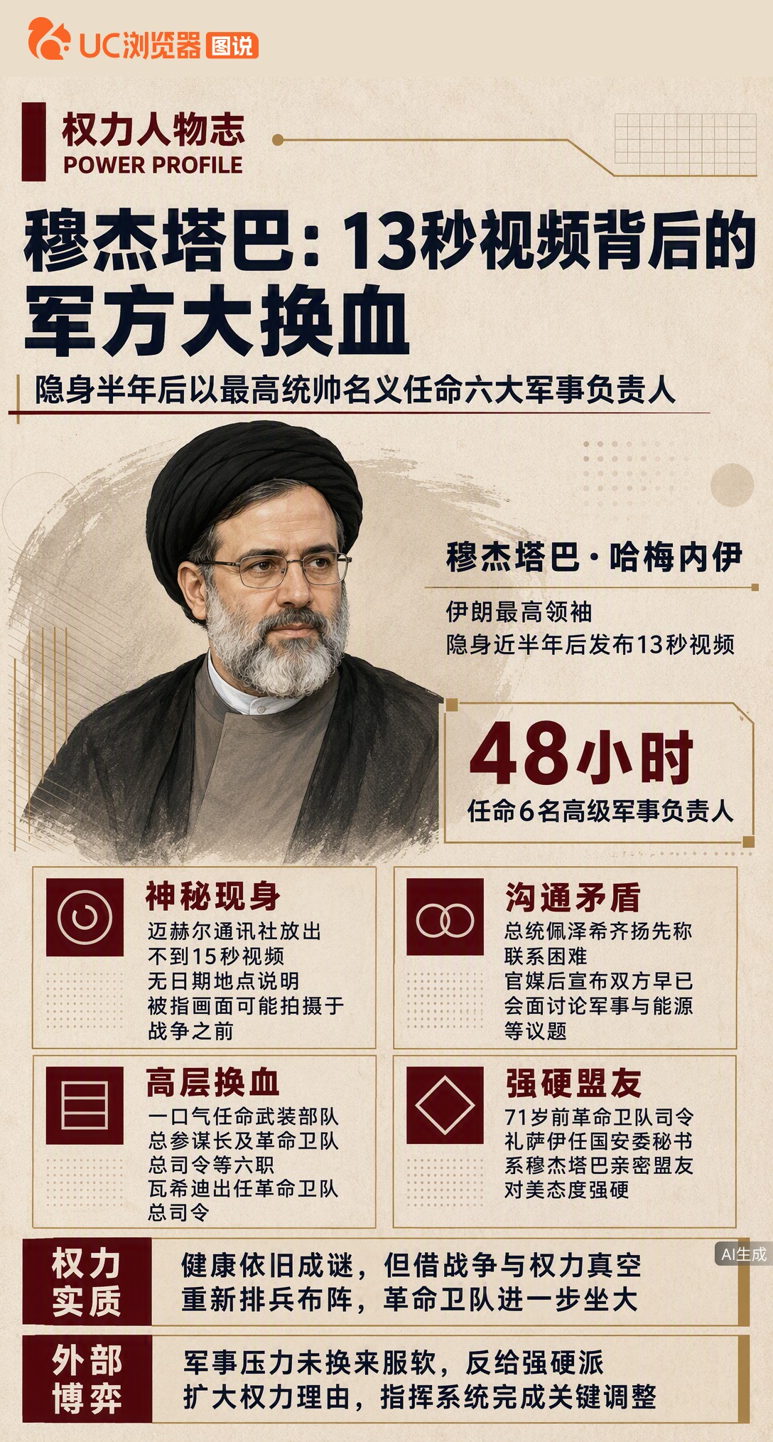 穆杰塔巴隐身半年后突放13秒视频，时间地点成谜。外界还在争论真假，他已以最高统帅名义换掉六大军事司令，71岁强硬派盟友也重返核心。健康依旧成谜，但军方已完成重新排兵布阵。