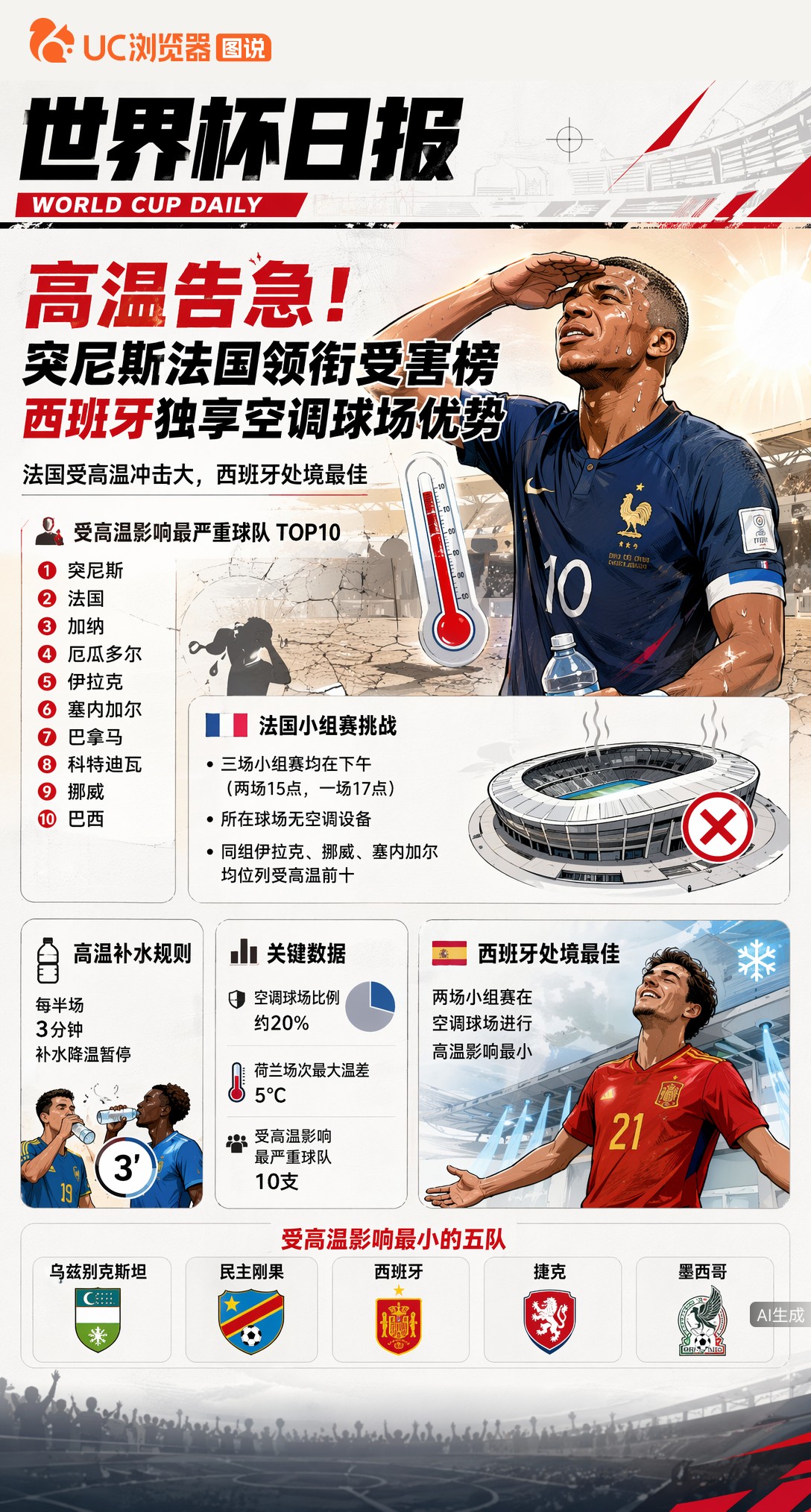 高温告急！突尼斯法国领衔受害榜，西班牙独享空调球场优势