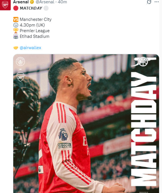  阿森纳官方发布对阵曼城海报，萨利巴单人出镜！今晚的核心战术是立足防守，积分榜上