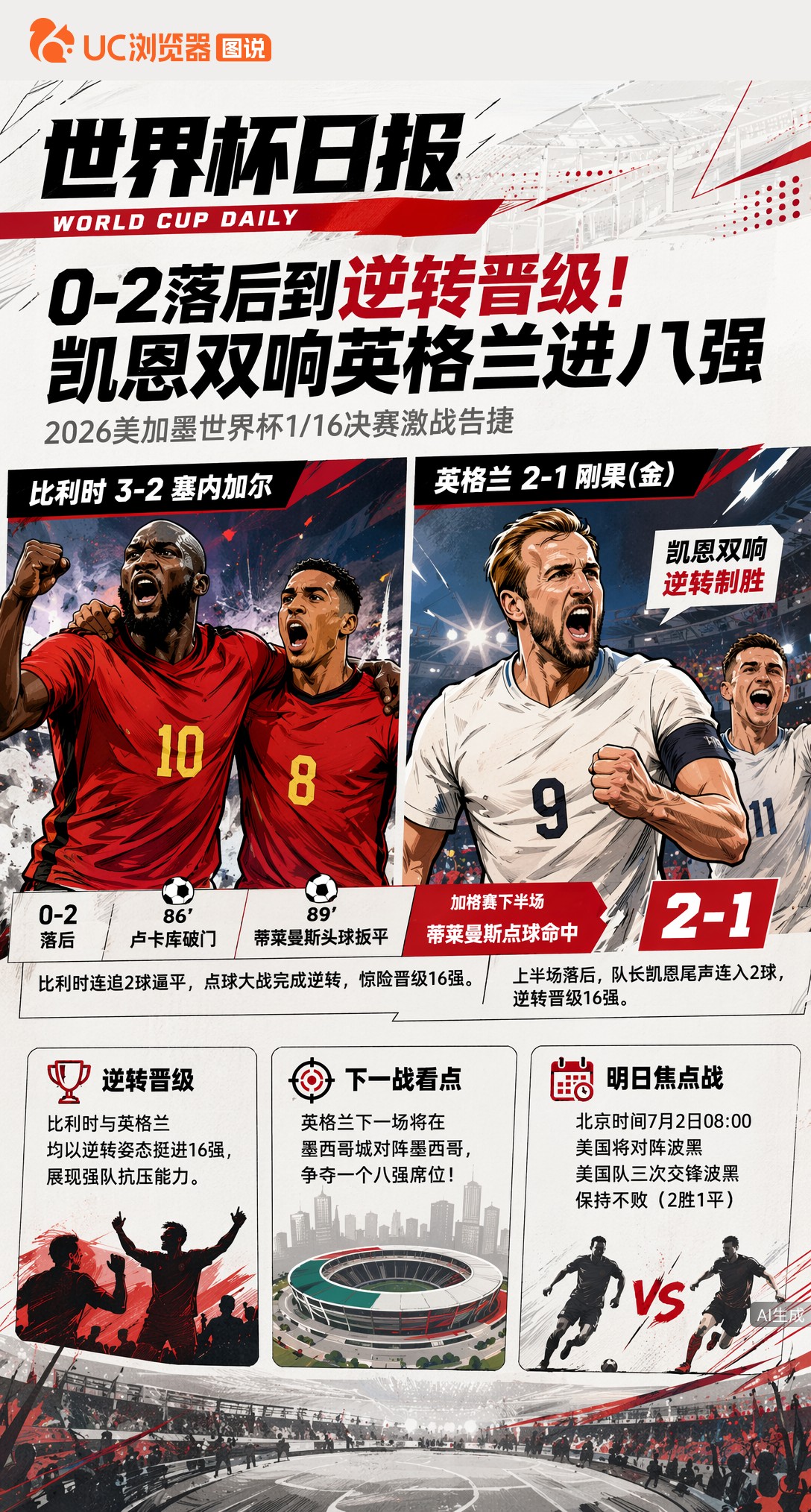 0-2落后到逆转晋级！比利时险胜塞内加尔，凯恩双响英格兰进八强