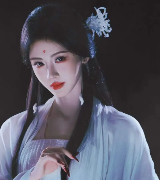 鞠婧祎着白纱古装披水墨长发 红妆红甲花雾间清冷魅惑