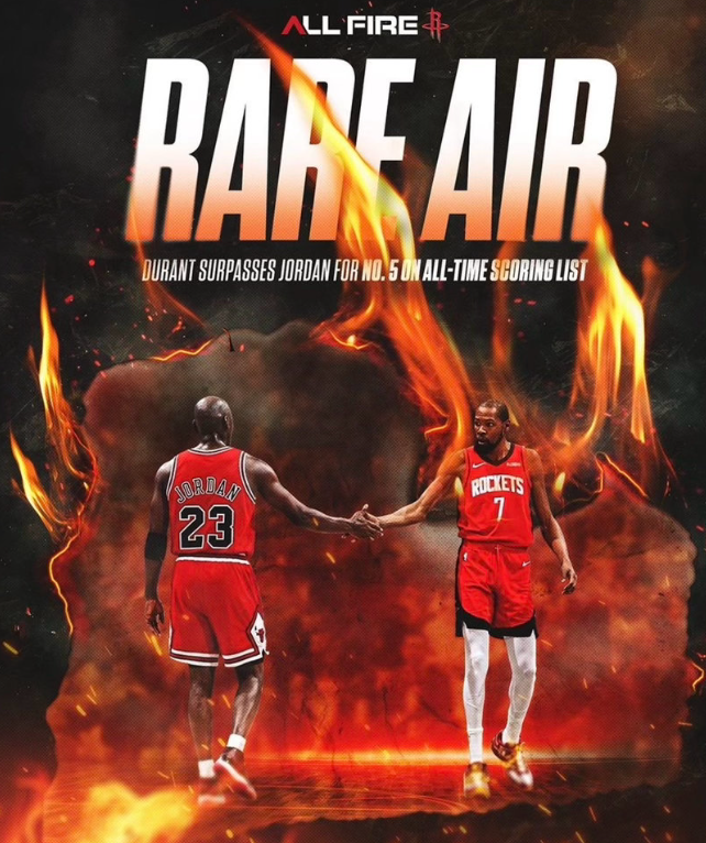 杜兰特在火箭对阵热火的比赛，利用一个底角接球三分出手命中，拿到生涯第32294分