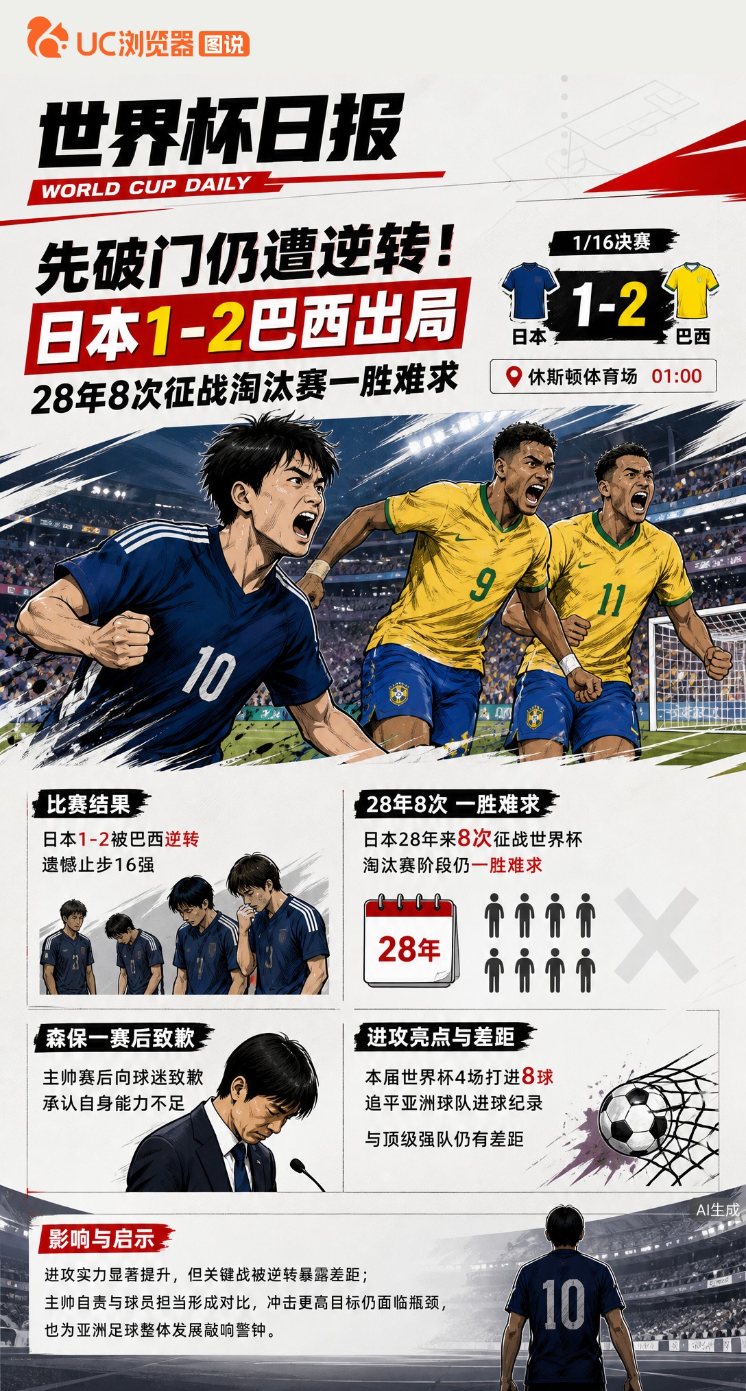 先破门仍遭逆转！日本1-2巴西出局，28年8次征战淘汰赛一胜难求