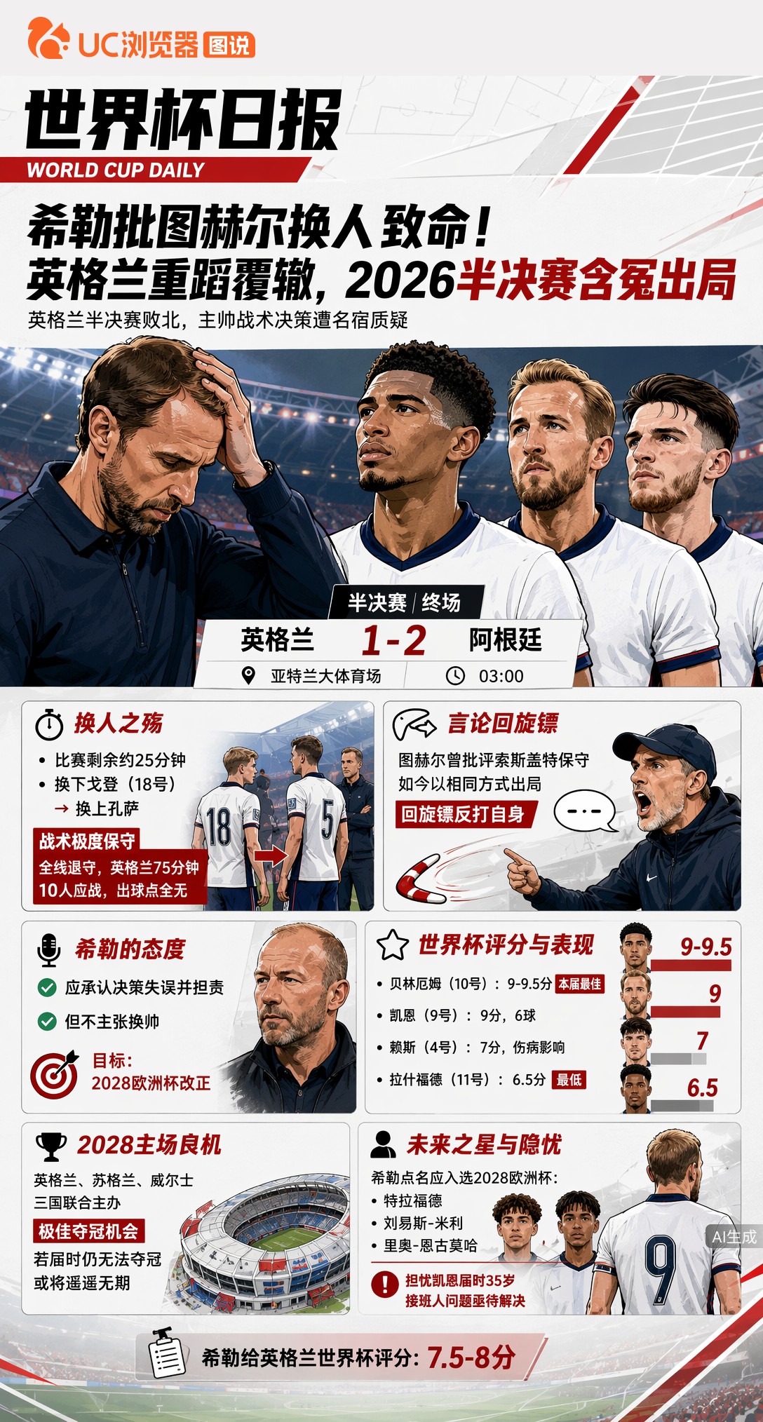 希勒批图赫尔换人致命！英格兰重蹈覆辙，2026半决赛含冤出局